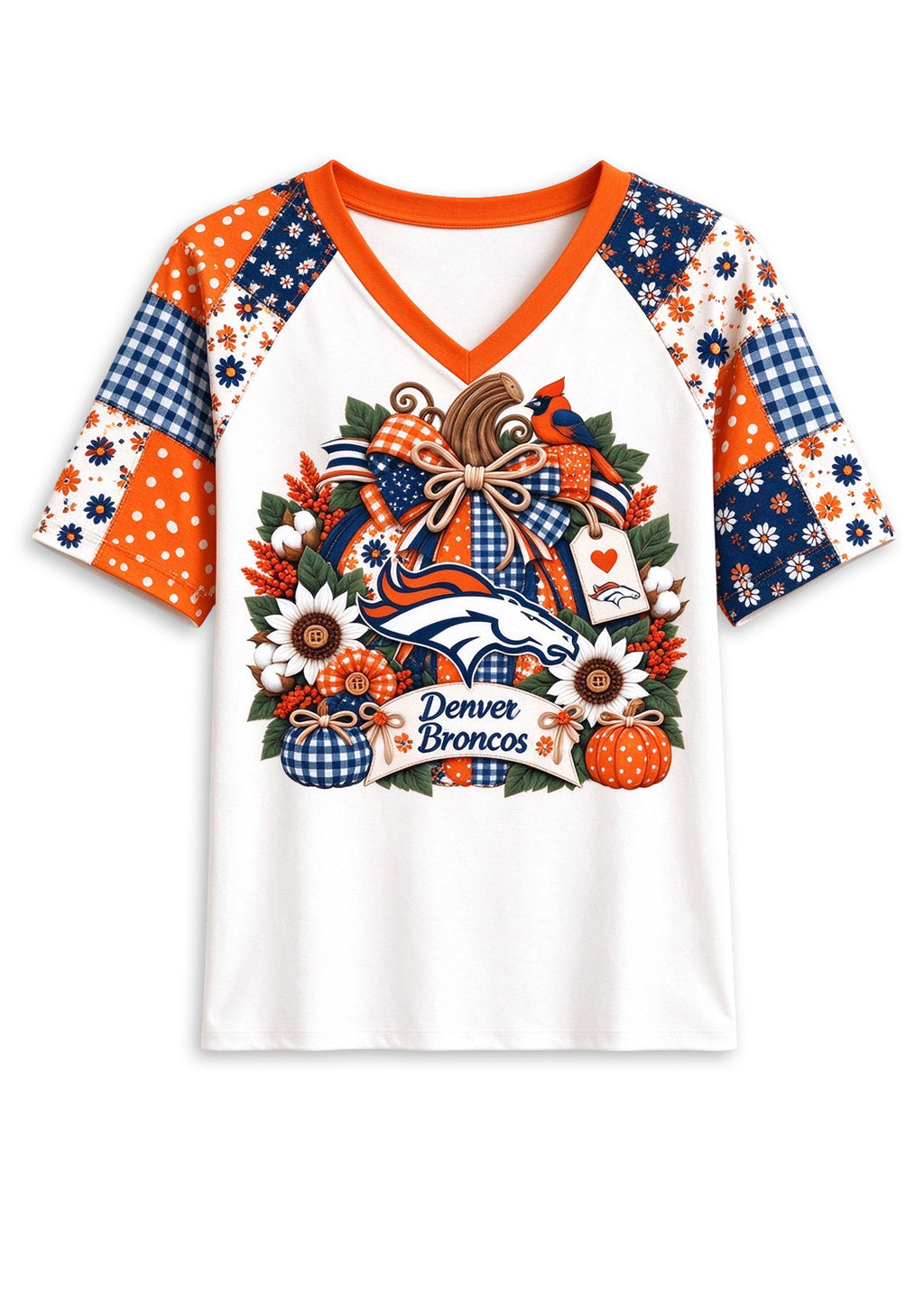 Women's Denver Broncos Patchwork Sleeve V-Neck Raglan T-Shirt