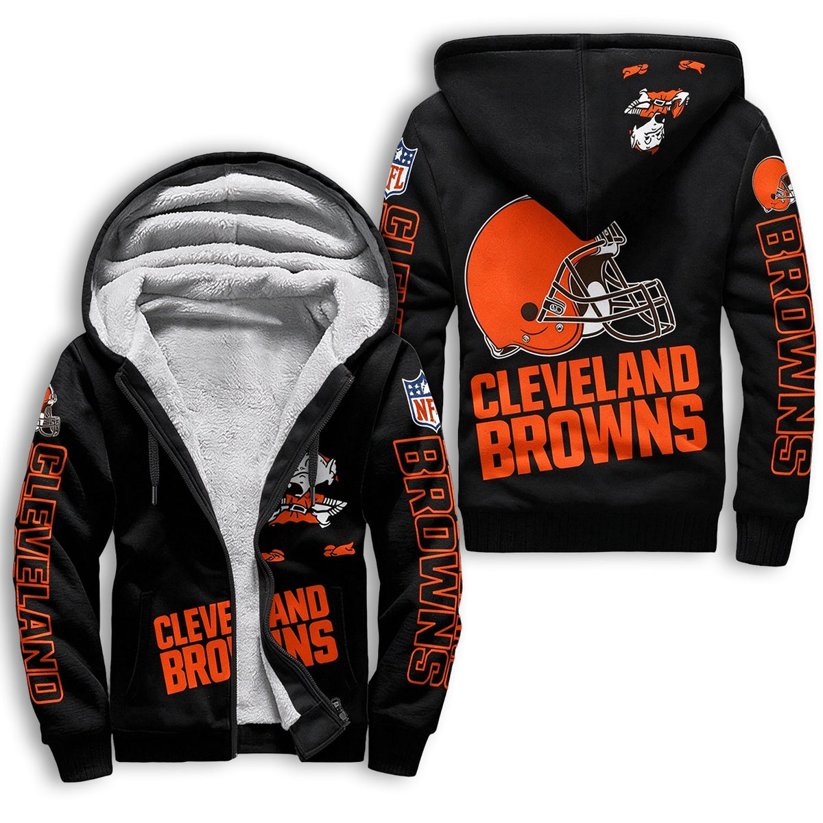 Cleveland Browns Fleece Lined Zip Up Football Fan Hooded Jacket