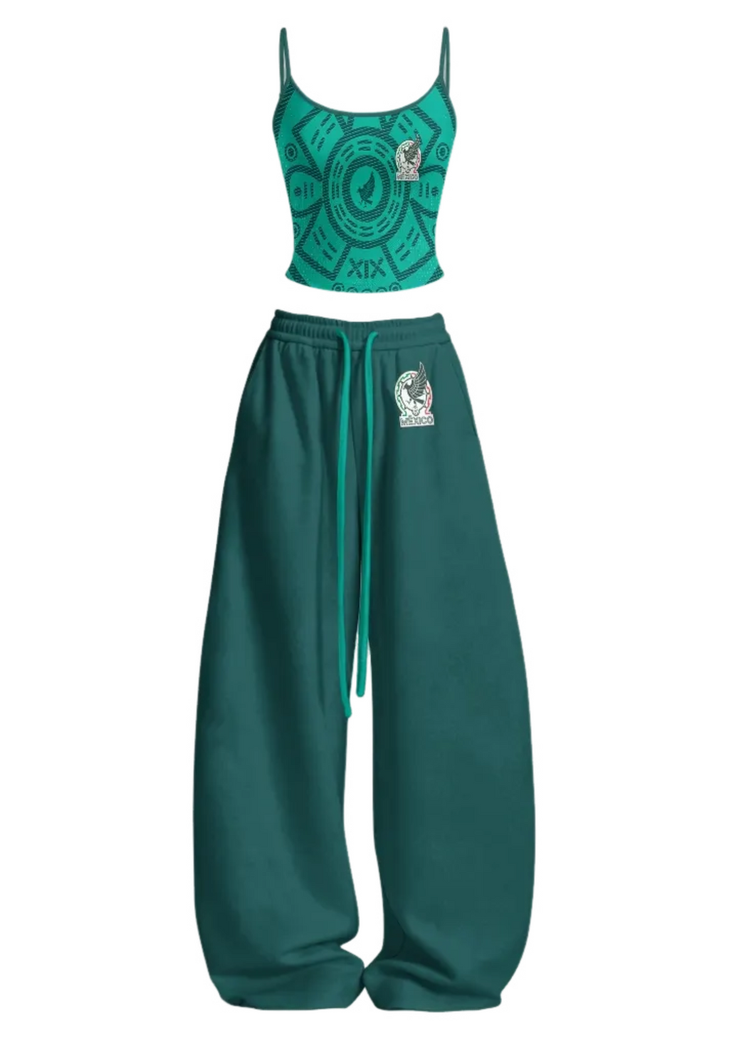 Mexico Aztec Pattern Eagle Crest Tops & Elasticated Trousers Two-Piece Set