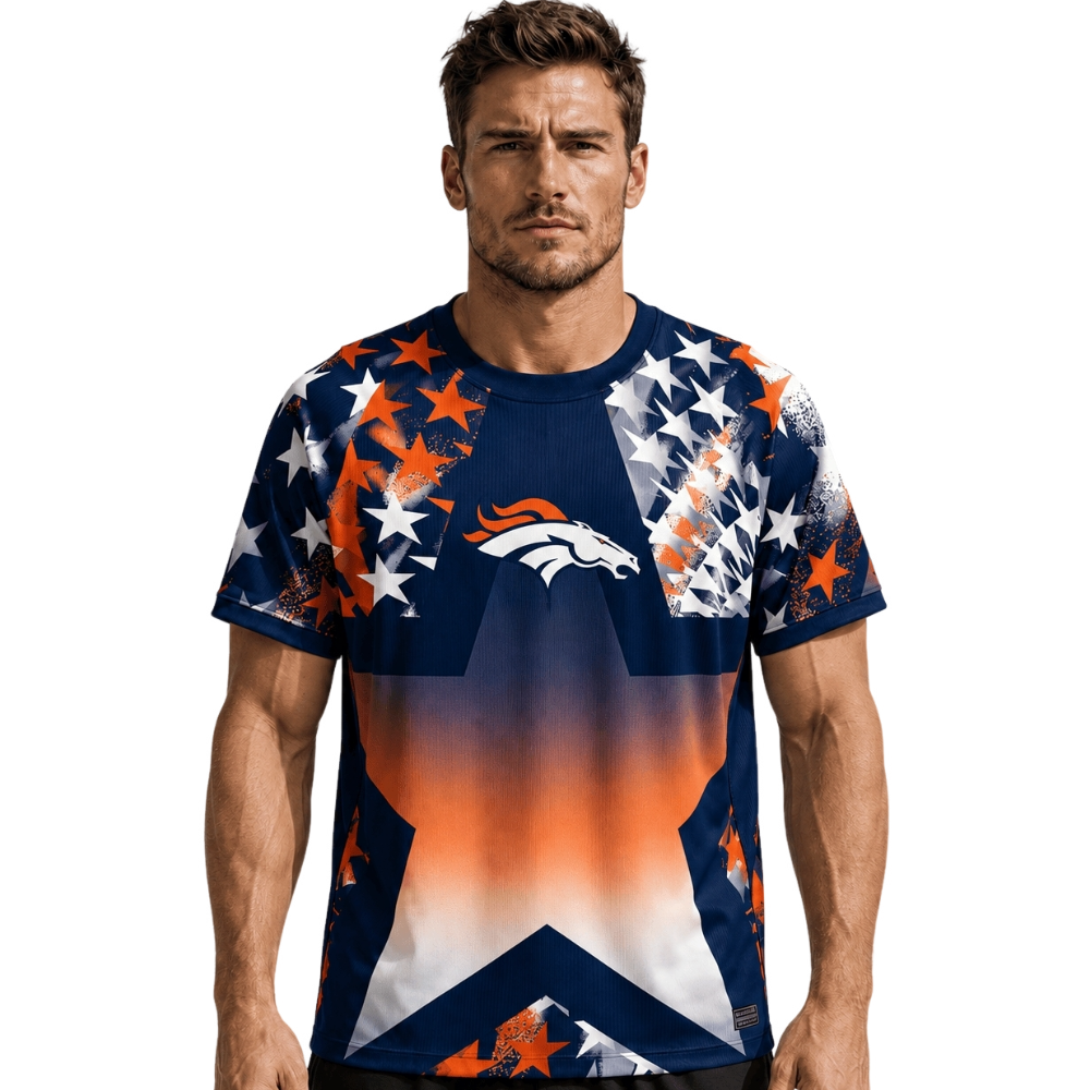 Denver Broncos Patriotic Star Gradient All‑Over Print Men's NFL Fan Short‑Sleeve T‑Shirt