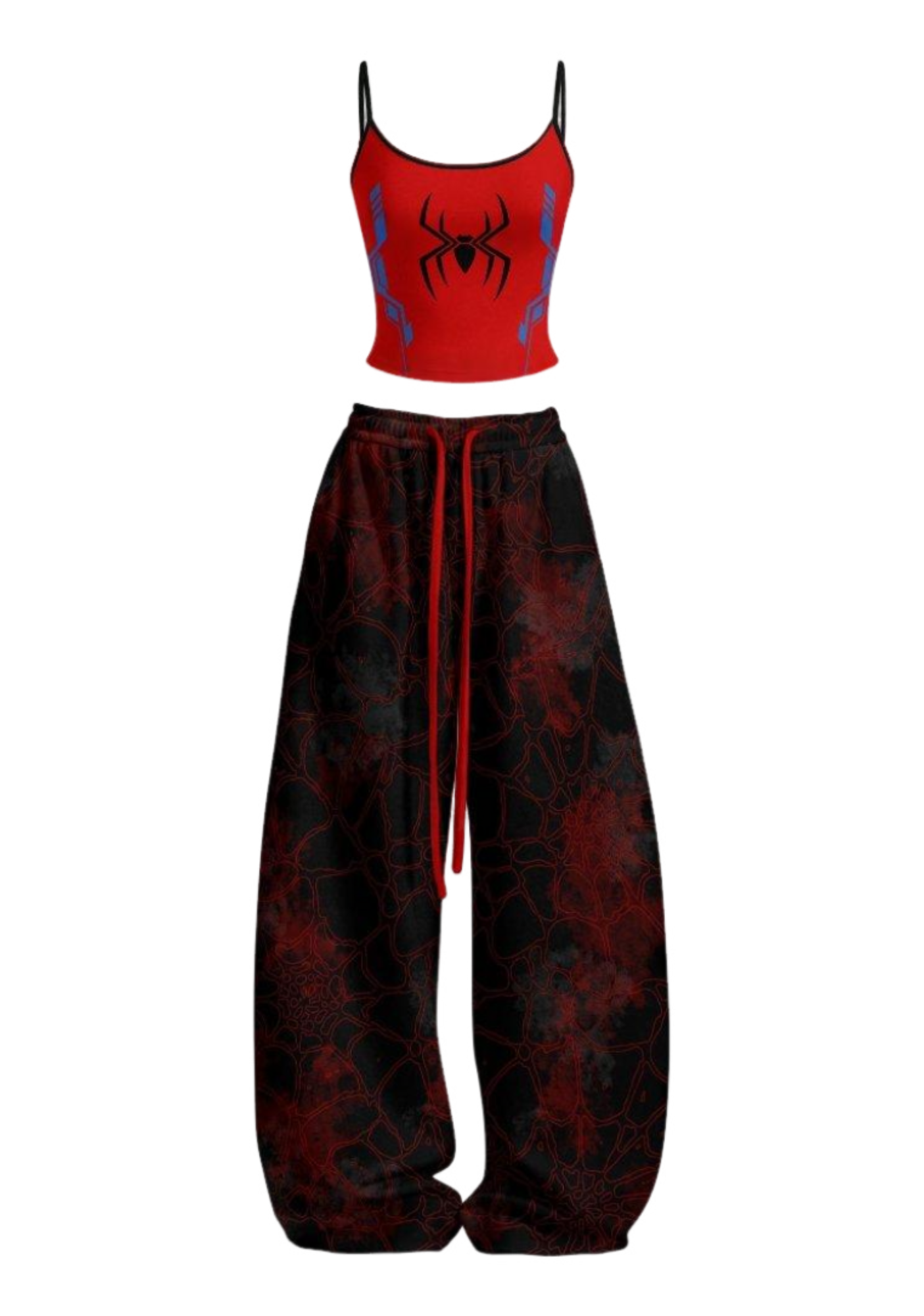 Red Spider Cami Top Spiderweb Baggy Pants Two Piece Set