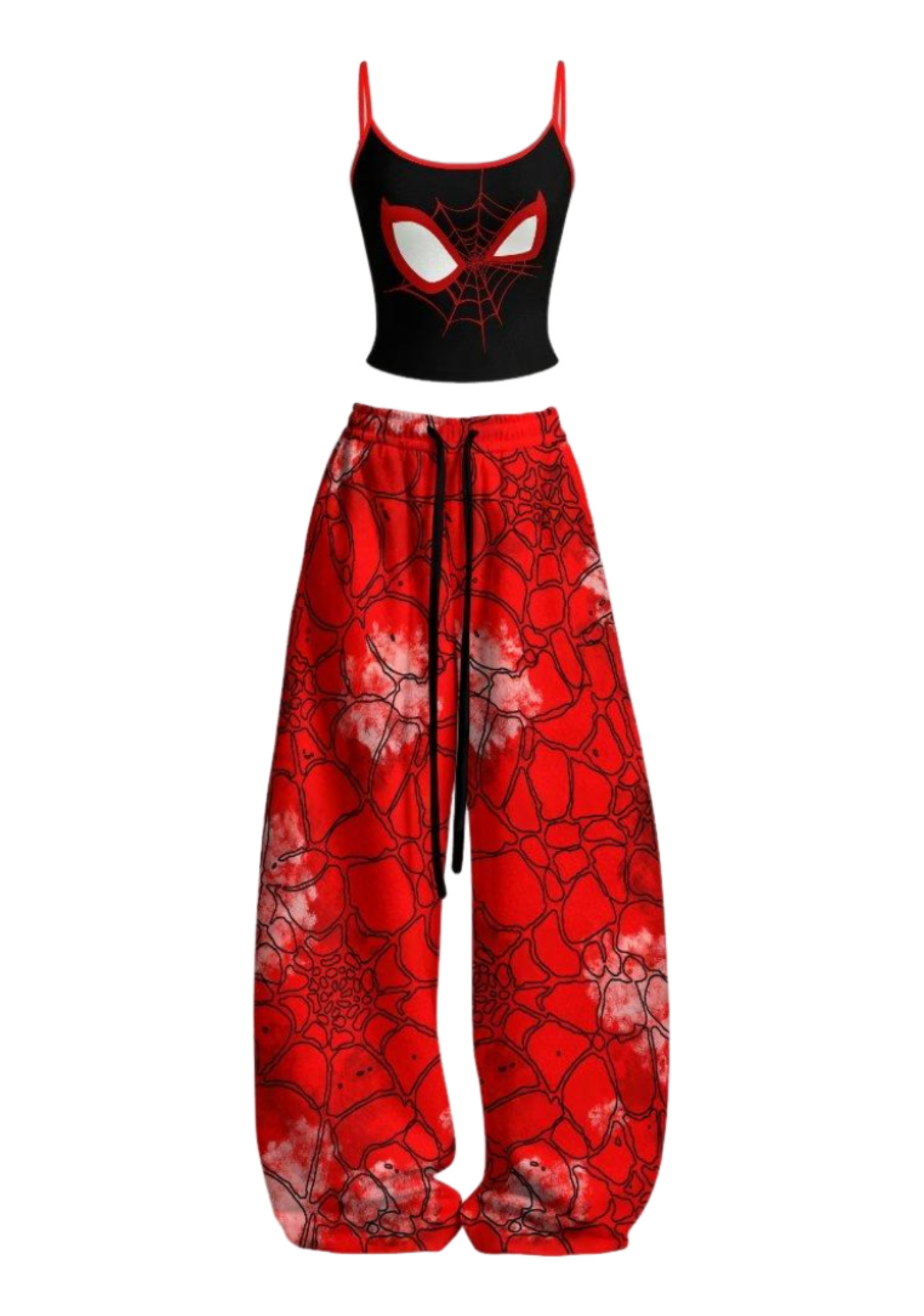 Splash Effect Red Spider Web Top & Elasticated Trousers Two-Piece Set