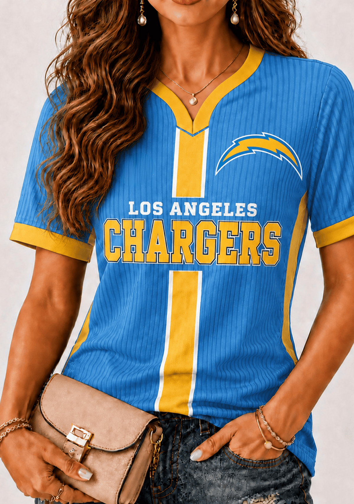 Women Los Angeles Chargers Print Game‑Day V‑Neck T‑Shirt