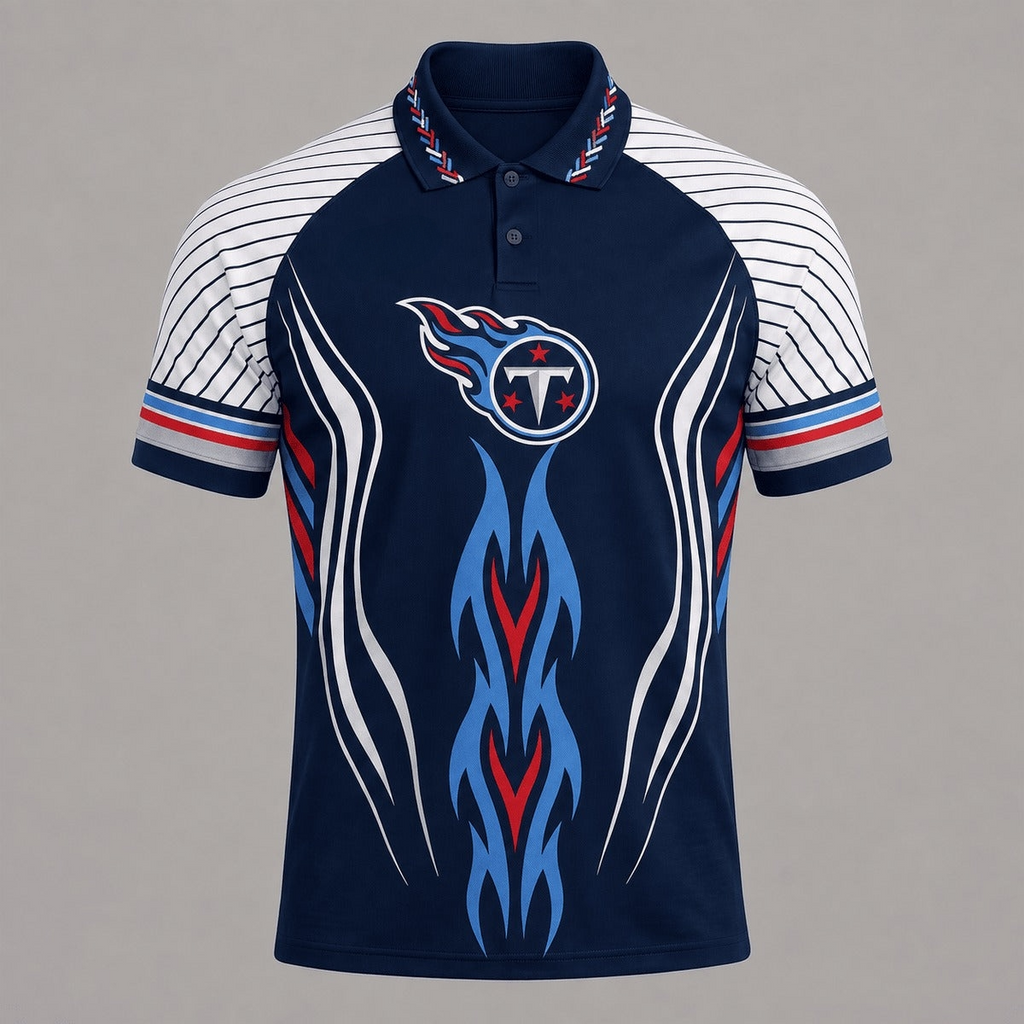 Tennessee Titans Tribal Flame Graphic Print Raglan Striped Polo Shirt