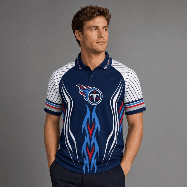 Tennessee Titans Tribal Flame Graphic Print Raglan Striped Polo Shirt Secondary image