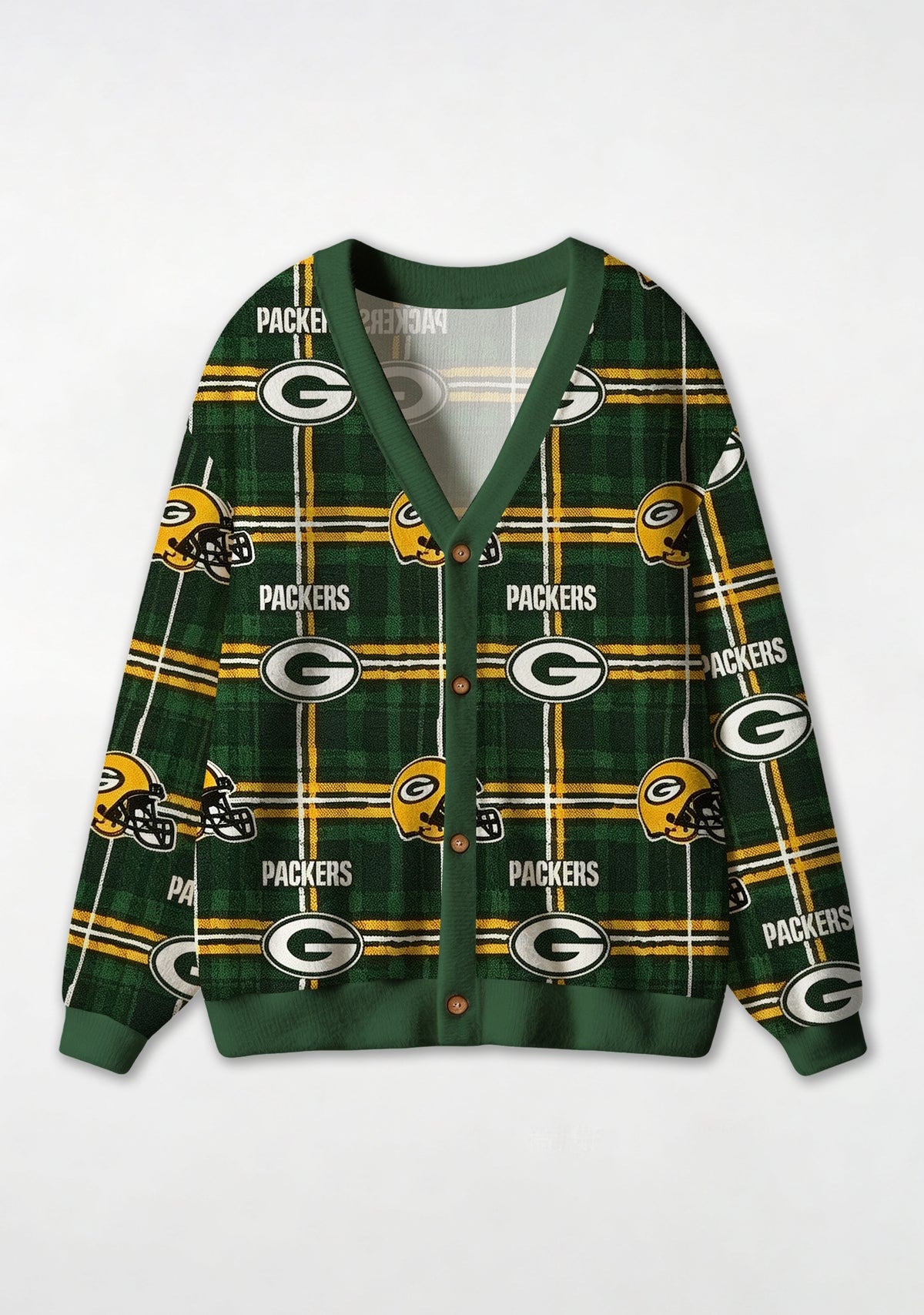 Green Bay Packers Plaid Helmet All‑Over Print Lightweight Cardigan Main image