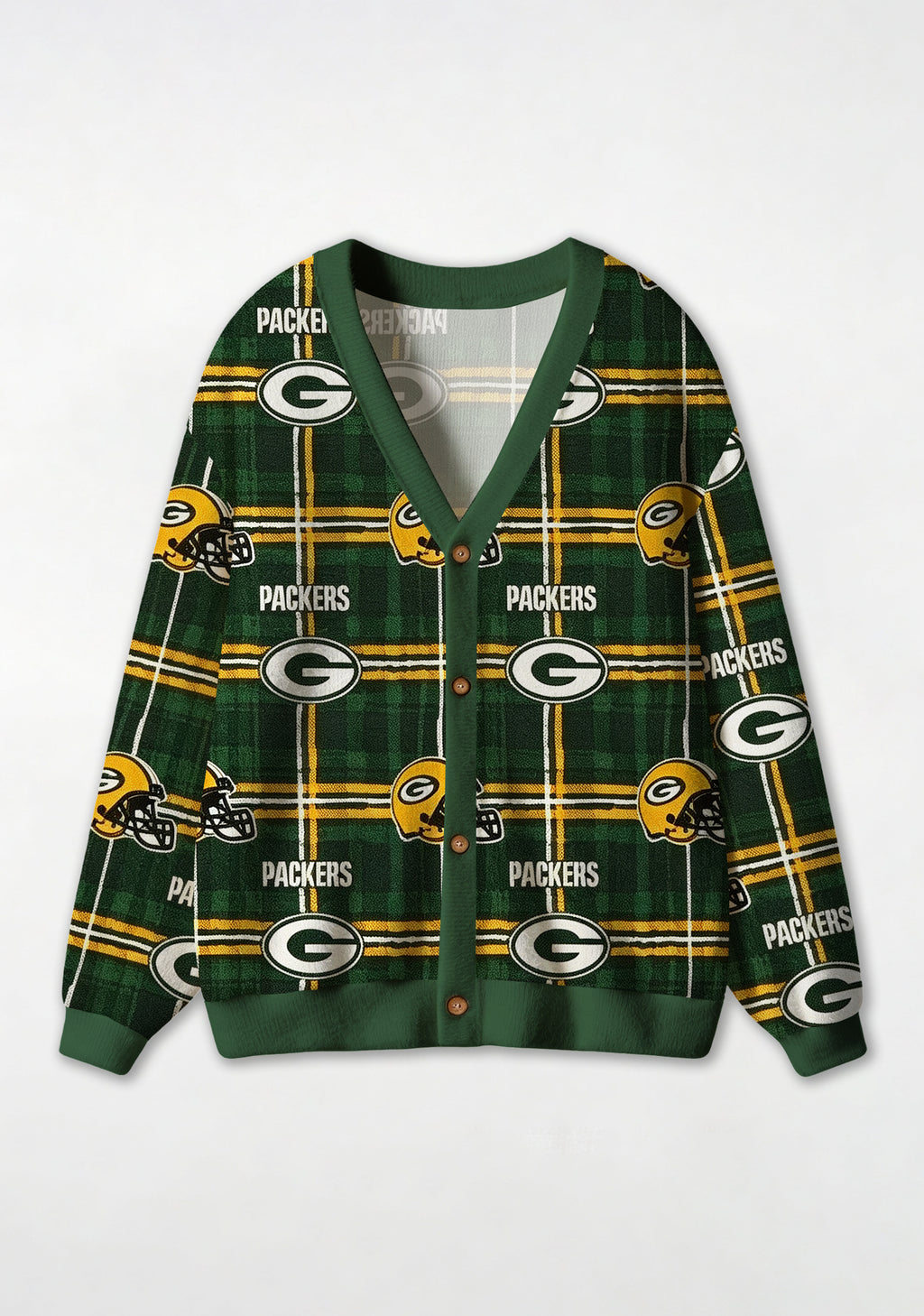 Green Bay Packers Plaid Helmet All‑Over Print Lightweight Cardigan