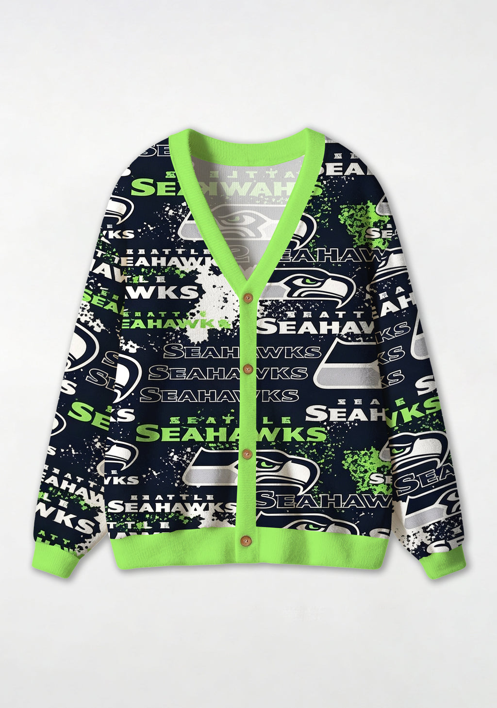 Seattle Seahawks Grunge Splash‑Ink All‑Over Print Lightweight Cardigan