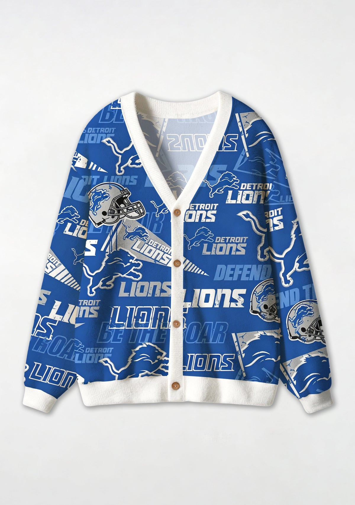 Detroit Lions Vintage Poster‑Collage Helmet & Mascot All‑Over Print Lightweight Cardigan Main image