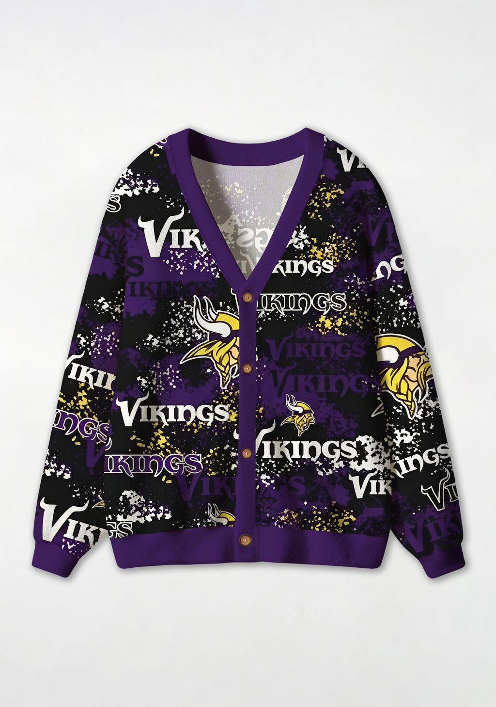 Minnesota Vikings Splatter‑Paint Grunge Mascot All‑Over Print Lightweight Cardigan