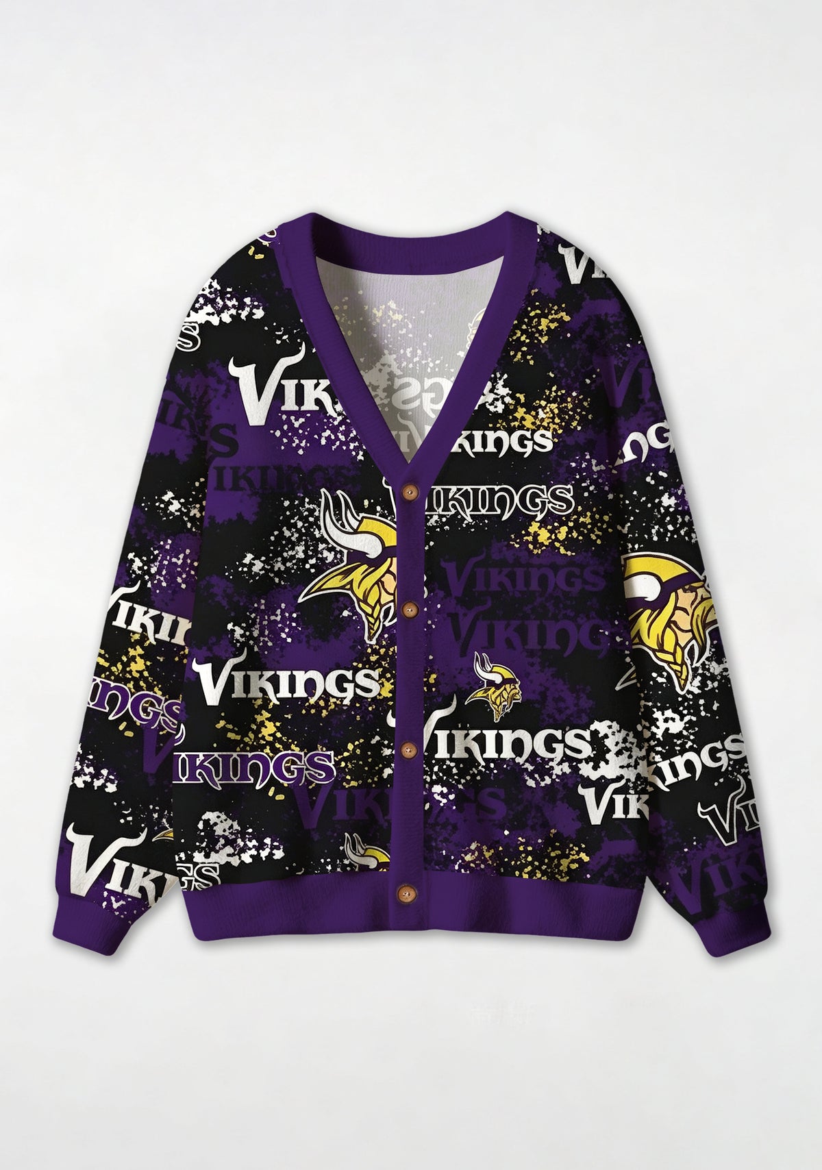 Minnesota Vikings Splatter‑Paint Grunge Mascot All‑Over Print Lightweight Cardigan