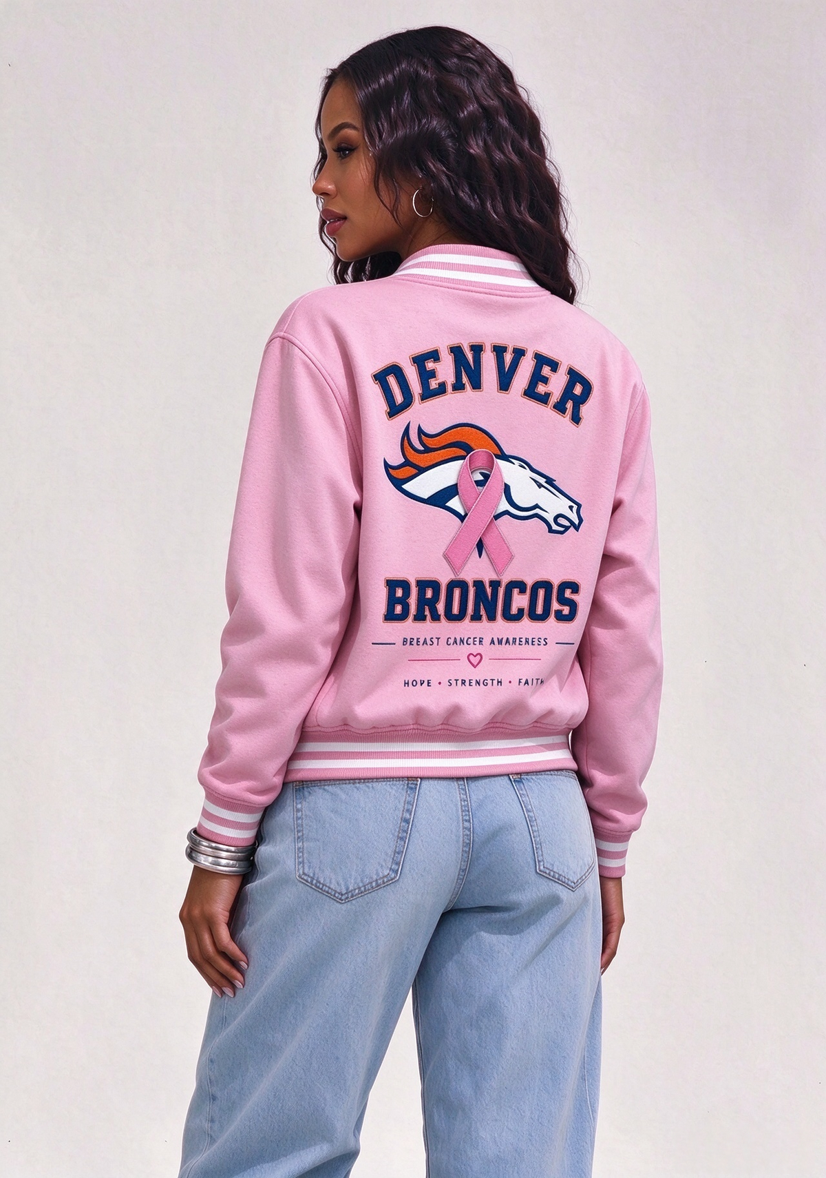 Denver Broncos Breast Cancer Awareness Pink Ribbon Varsity Jacket
