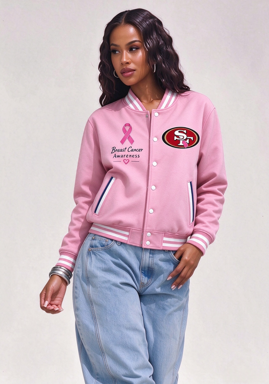 San Francisco 49ers Breast Cancer Awareness Pink Ribbon Varsity Jacket