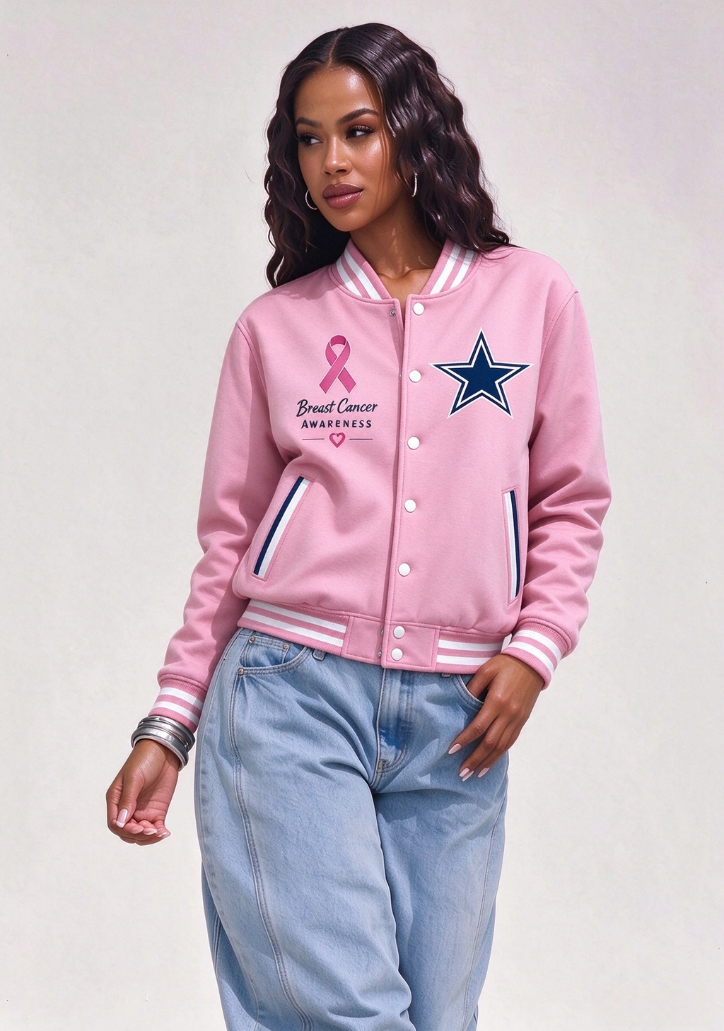 Dallas Cowboys Breast Cancer Awareness Pink Ribbon Varsity Jacket