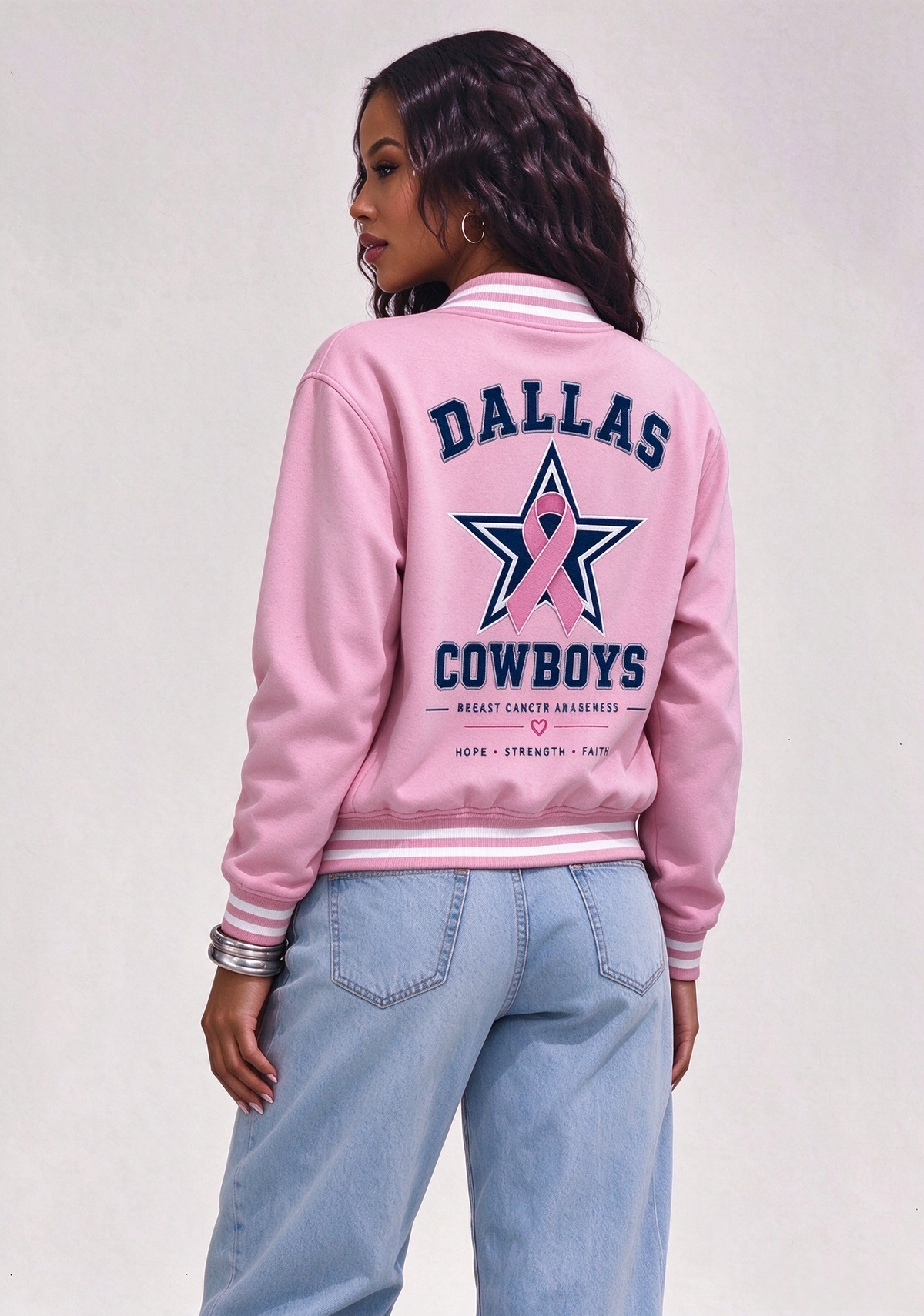 Dallas Cowboys Breast Cancer Awareness Pink Ribbon Varsity Jacket