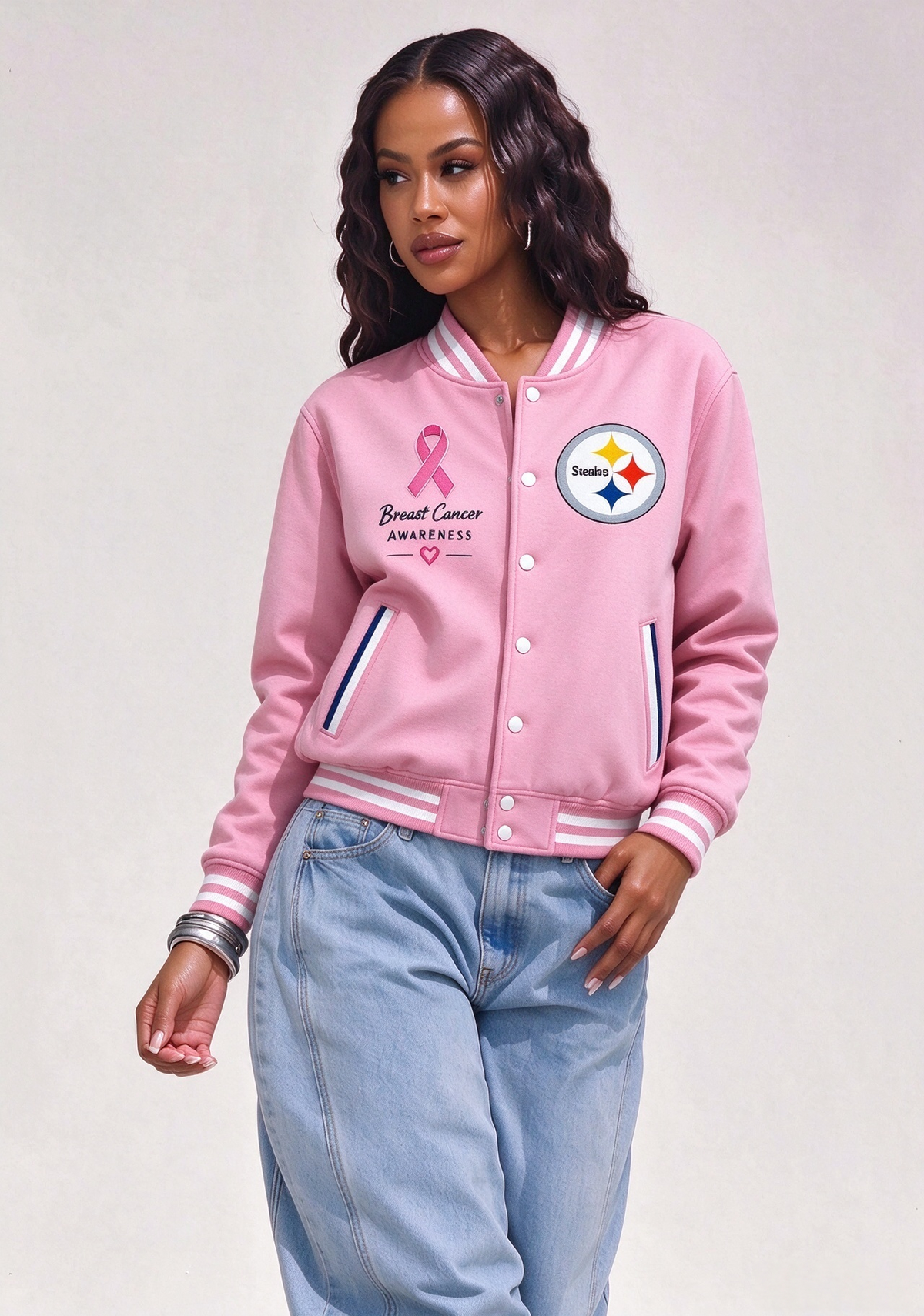 Pittsburgh Steelers Breast Cancer Awareness Pink Ribbon Varsity Jacket