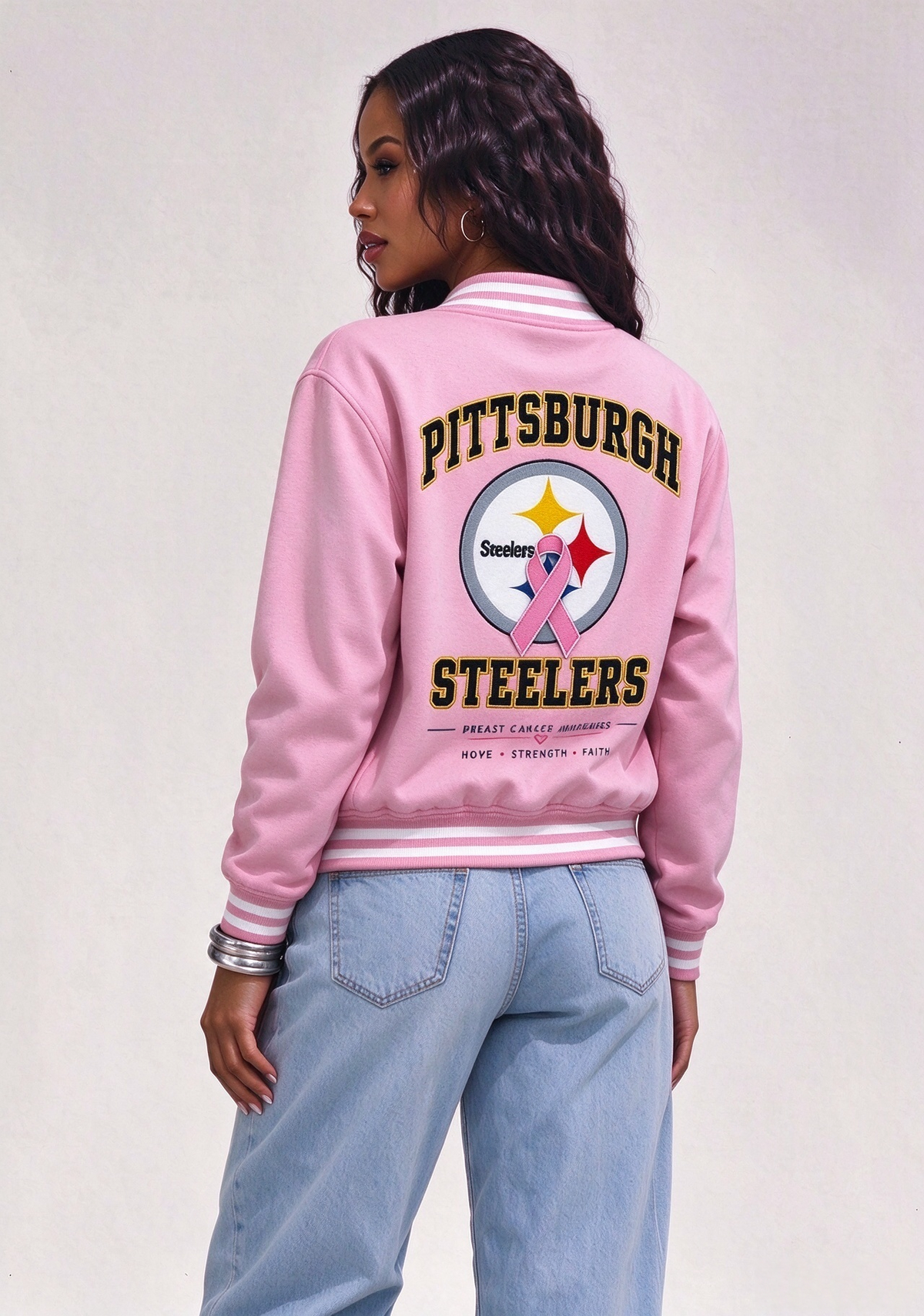 Pittsburgh Steelers Breast Cancer Awareness Pink Ribbon Varsity Jacket Main image