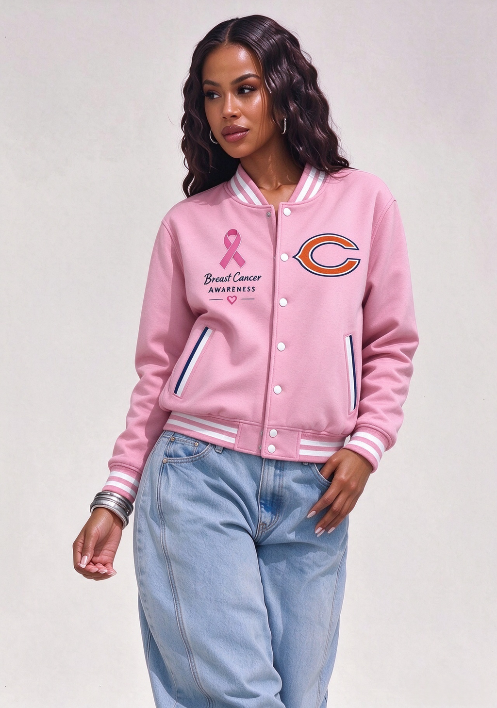 Chicago Bears Breast Cancer Awareness Pink Ribbon Varsity Jacket