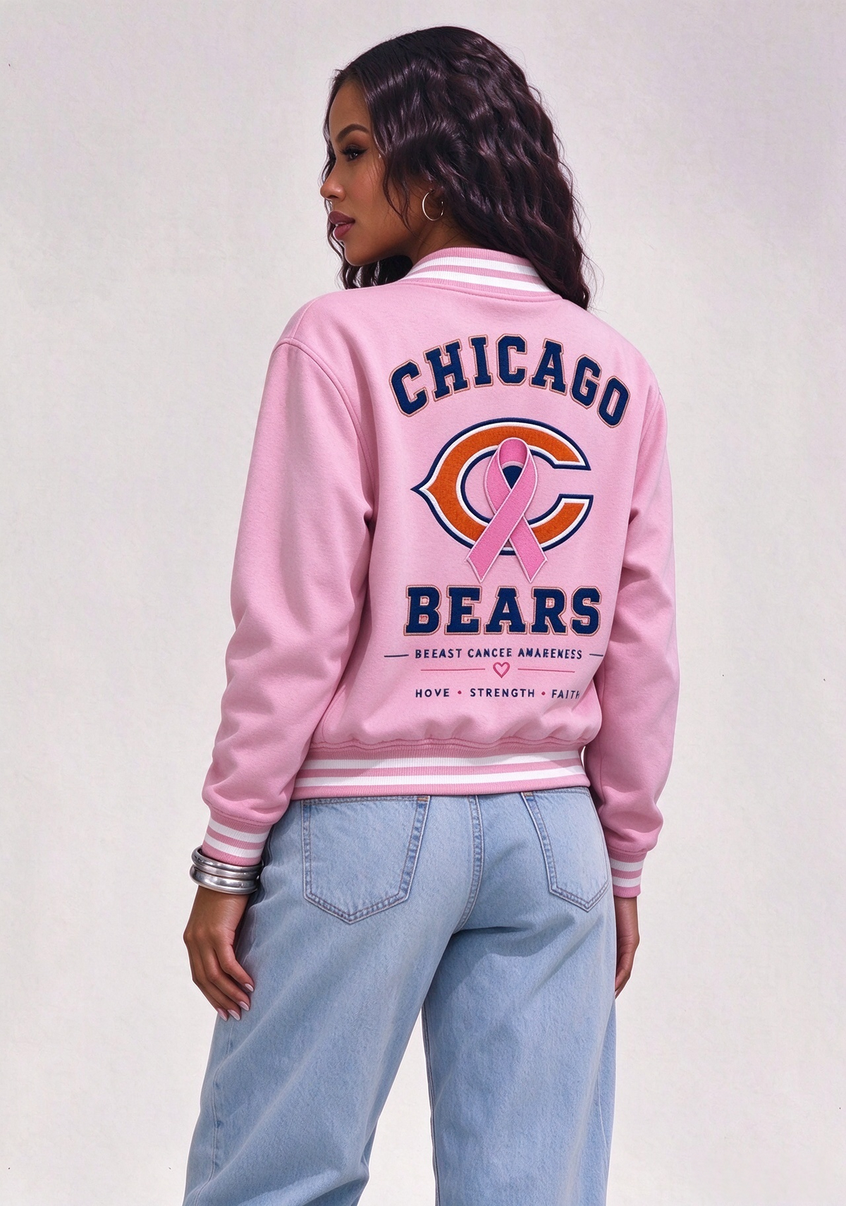 Chicago Bears Breast Cancer Awareness Pink Ribbon Varsity Jacket