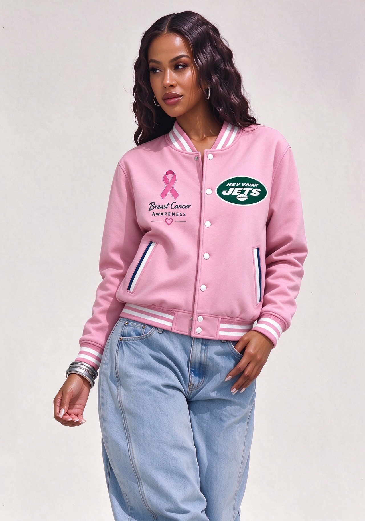 New York Jets Breast Cancer Awareness Pink Ribbon Varsity Jacket Secondary image