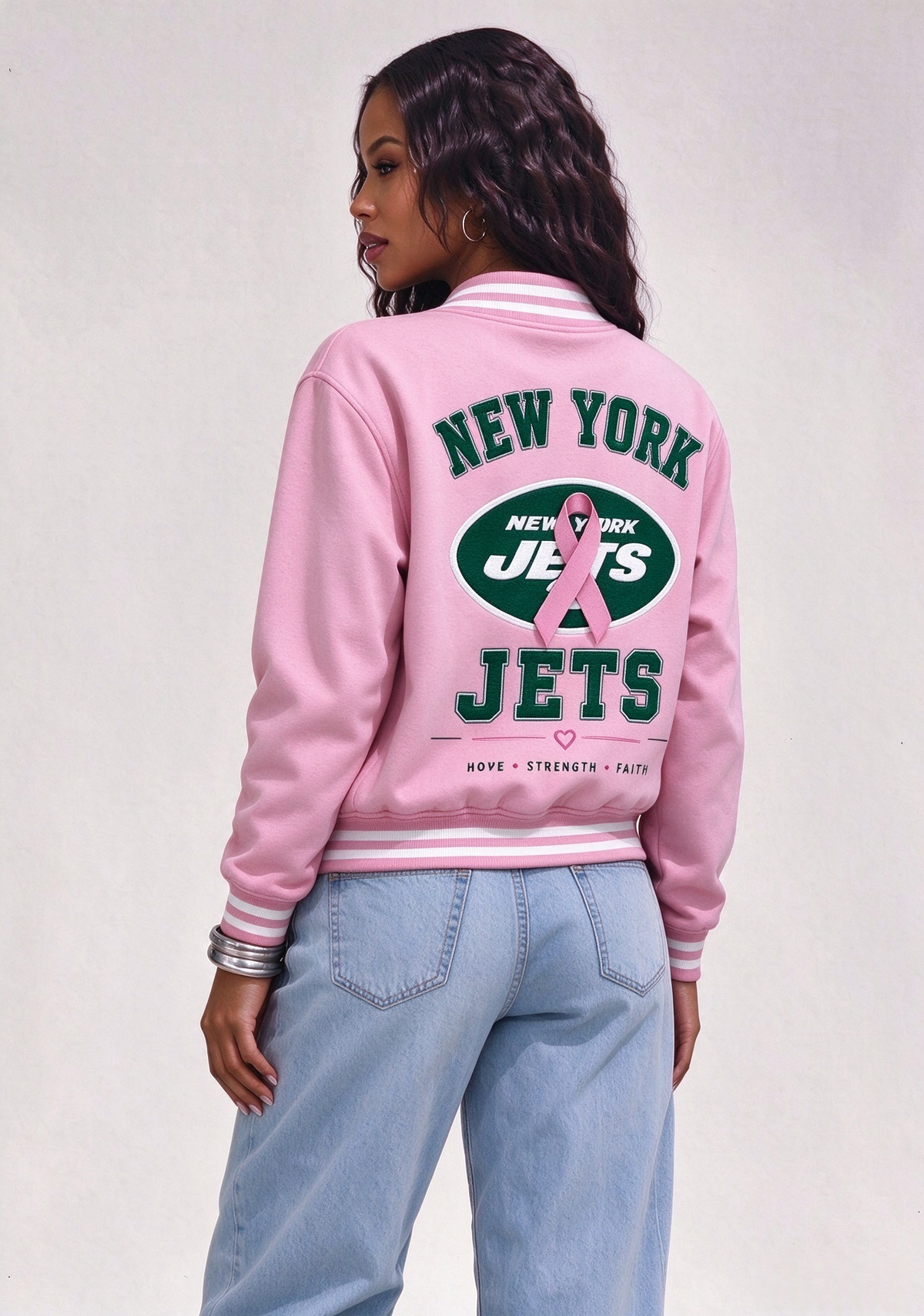 New York Jets Breast Cancer Awareness Pink Ribbon Varsity Jacket Main image