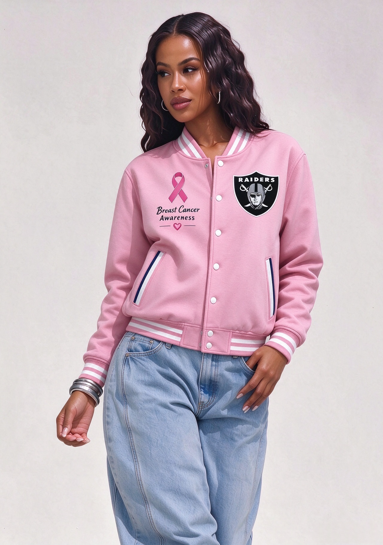 Las Vegas Raiders Breast Cancer Awareness Pink Ribbon Varsity Jacket Secondary image
