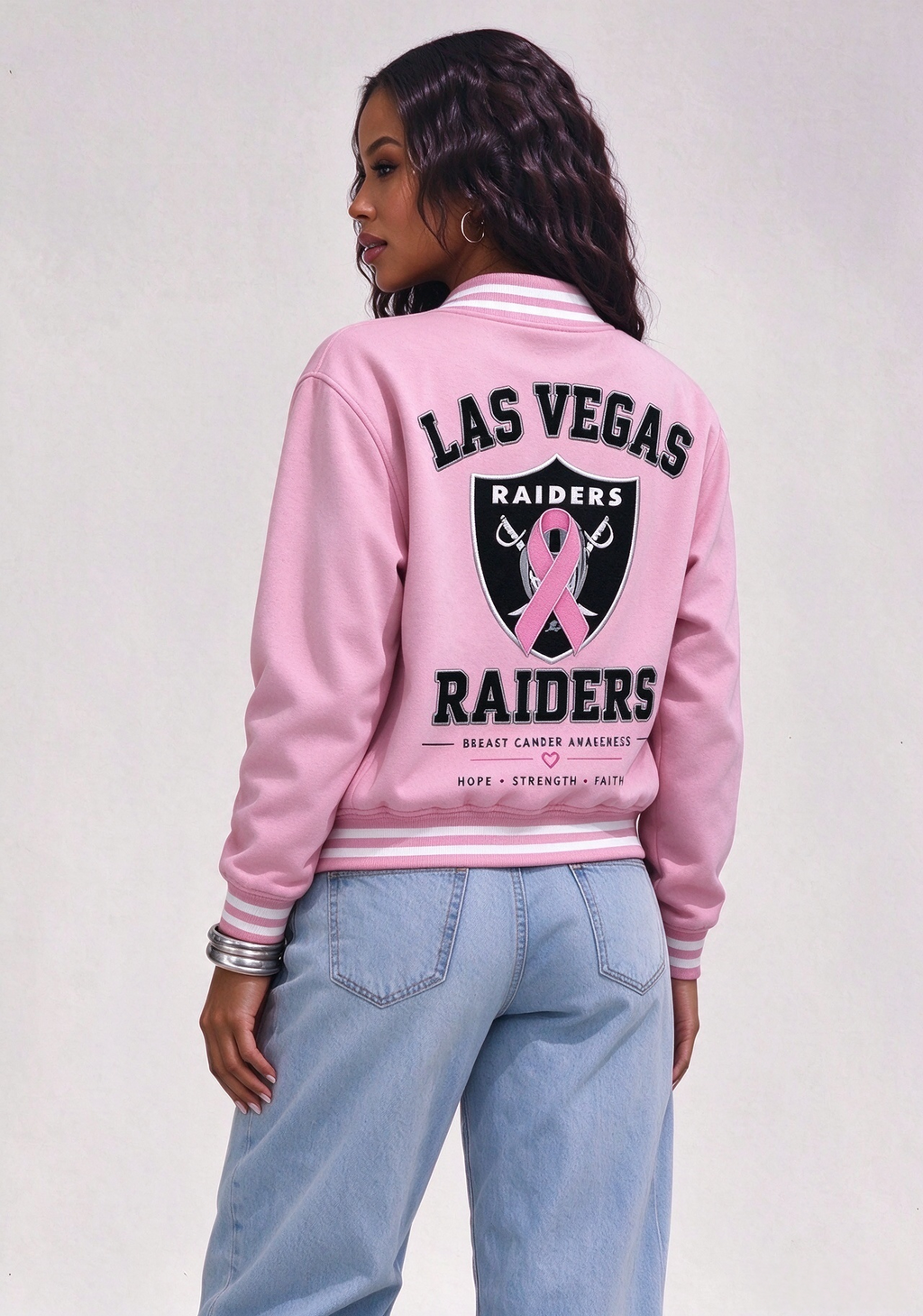 Las Vegas Raiders Breast Cancer Awareness Pink Ribbon Varsity Jacket