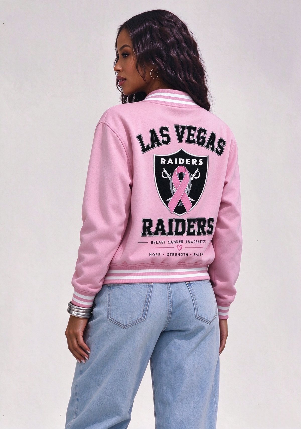 Las Vegas Raiders Breast Cancer Awareness Pink Ribbon Varsity Jacket