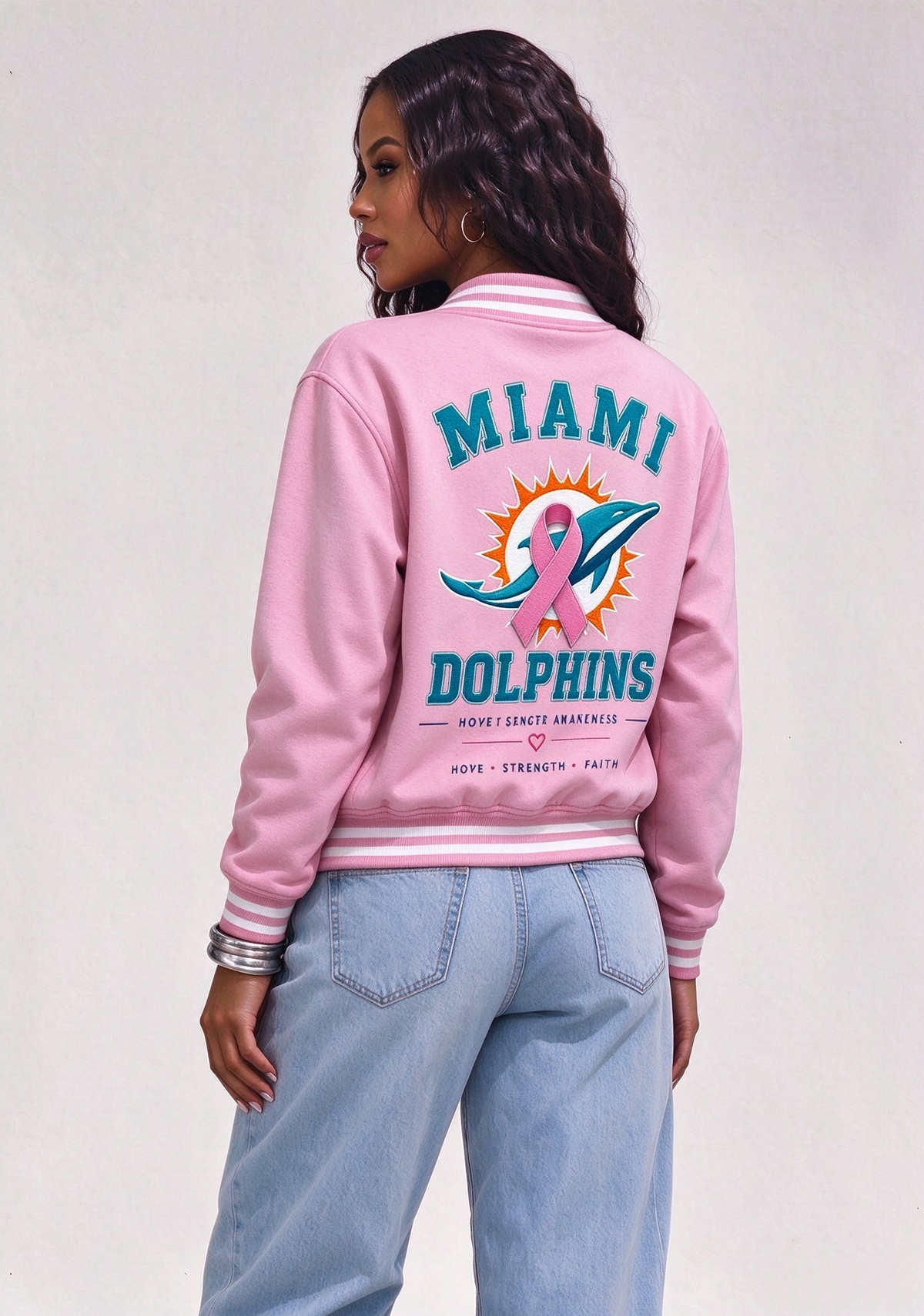 Miami Dolphins Breast Cancer Awareness Pink Ribbon Varsity Jacket Main image