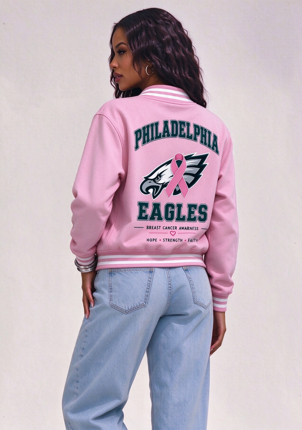 Philadelphia Eagles Breast Cancer Awareness Pink Ribbon Varsity Jacket