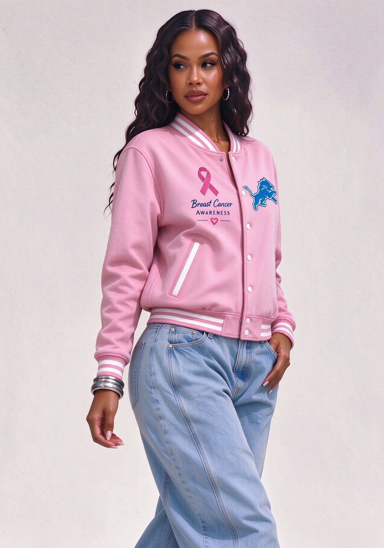 Detroit Lions Breast Cancer Awareness Pink Ribbon Varsity Jacket Secondary image