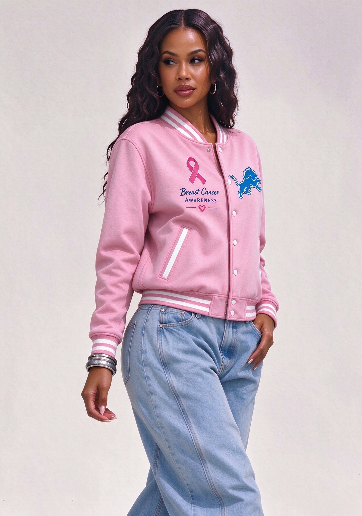 Detroit Lions Breast Cancer Awareness Pink Ribbon Varsity Jacket