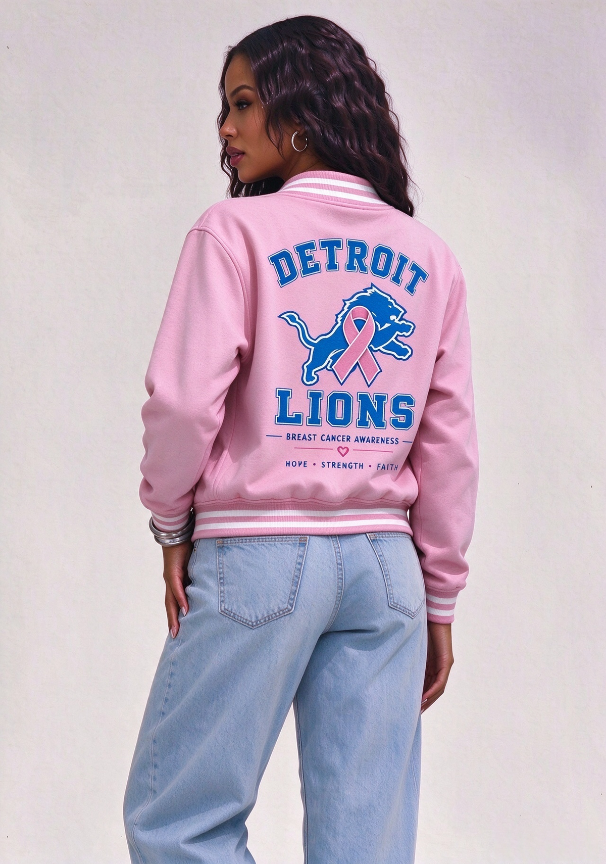 Detroit Lions Breast Cancer Awareness Pink Ribbon Varsity Jacket Main image