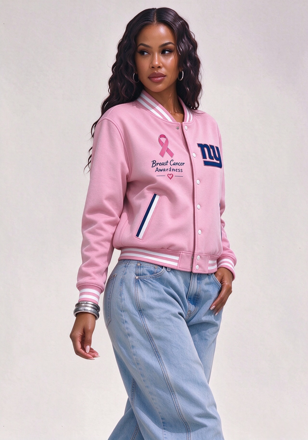 New York Giants Breast Cancer Awareness Pink Ribbon Varsity Jacket