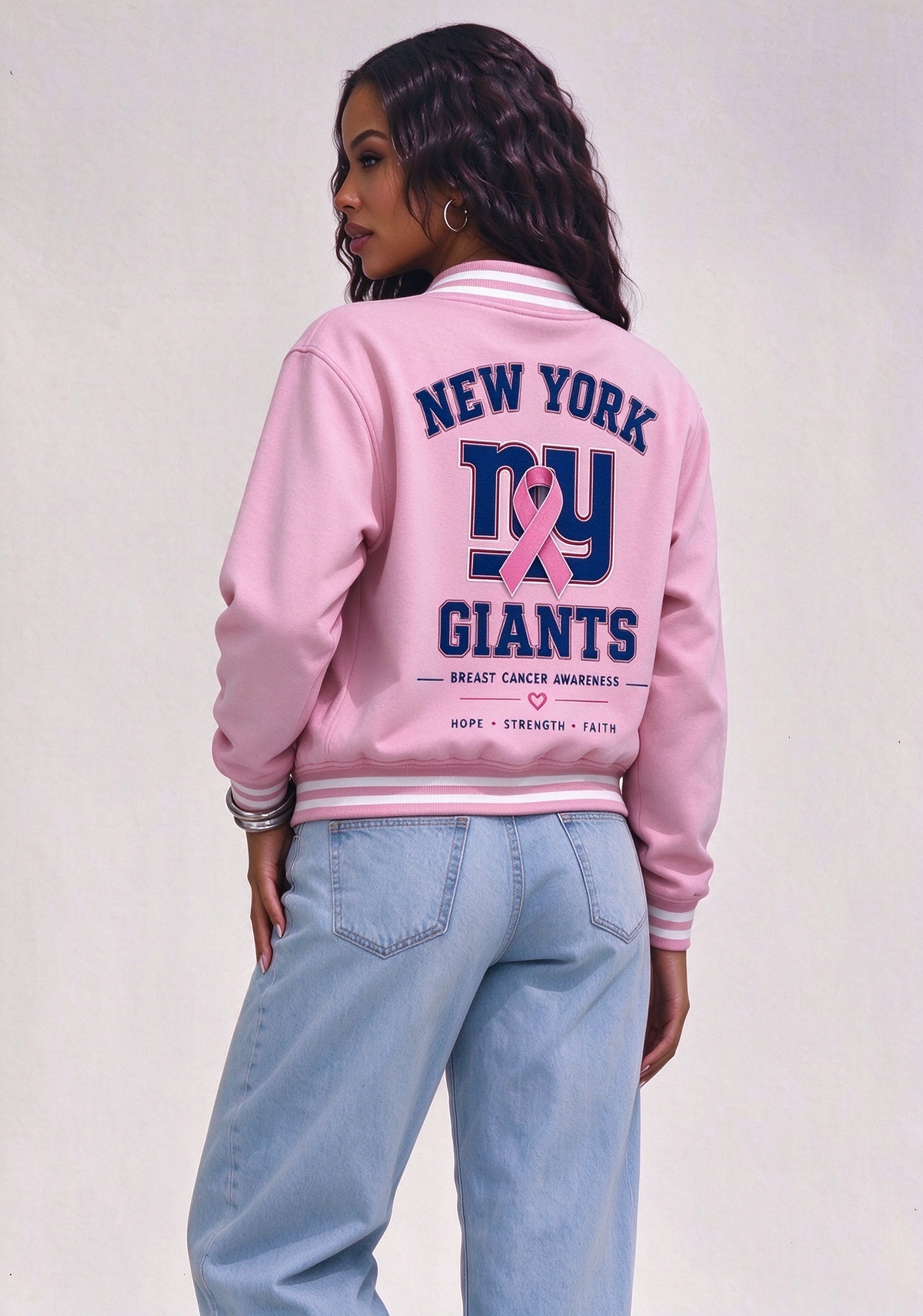 New York Giants Breast Cancer Awareness Pink Ribbon Varsity Jacket Main image