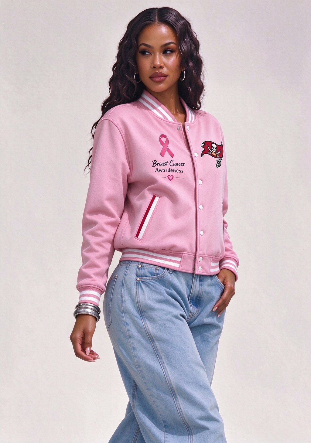 Tampa Bay Buccaneers Breast Cancer Awareness Pink Ribbon Varsity Jacket