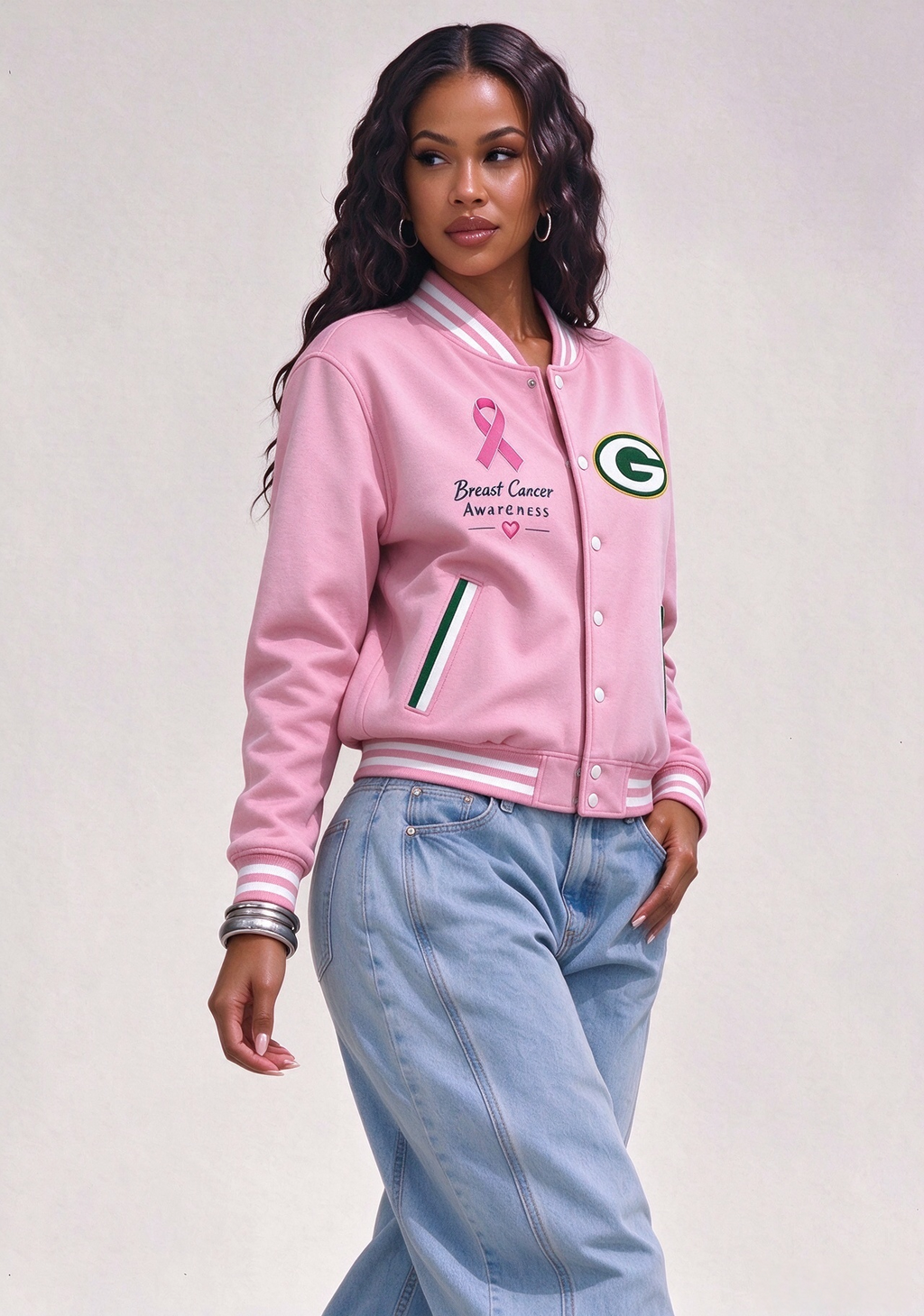 Green Bay Packers Breast Cancer Awareness Pink Ribbon Varsity Jacket
