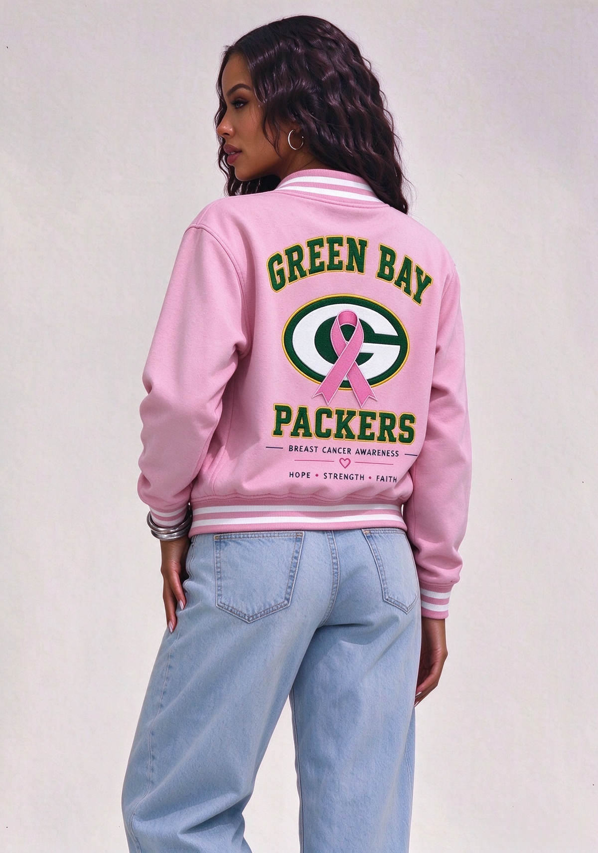 Green Bay Packers Breast Cancer Awareness Pink Ribbon Varsity Jacket Main image