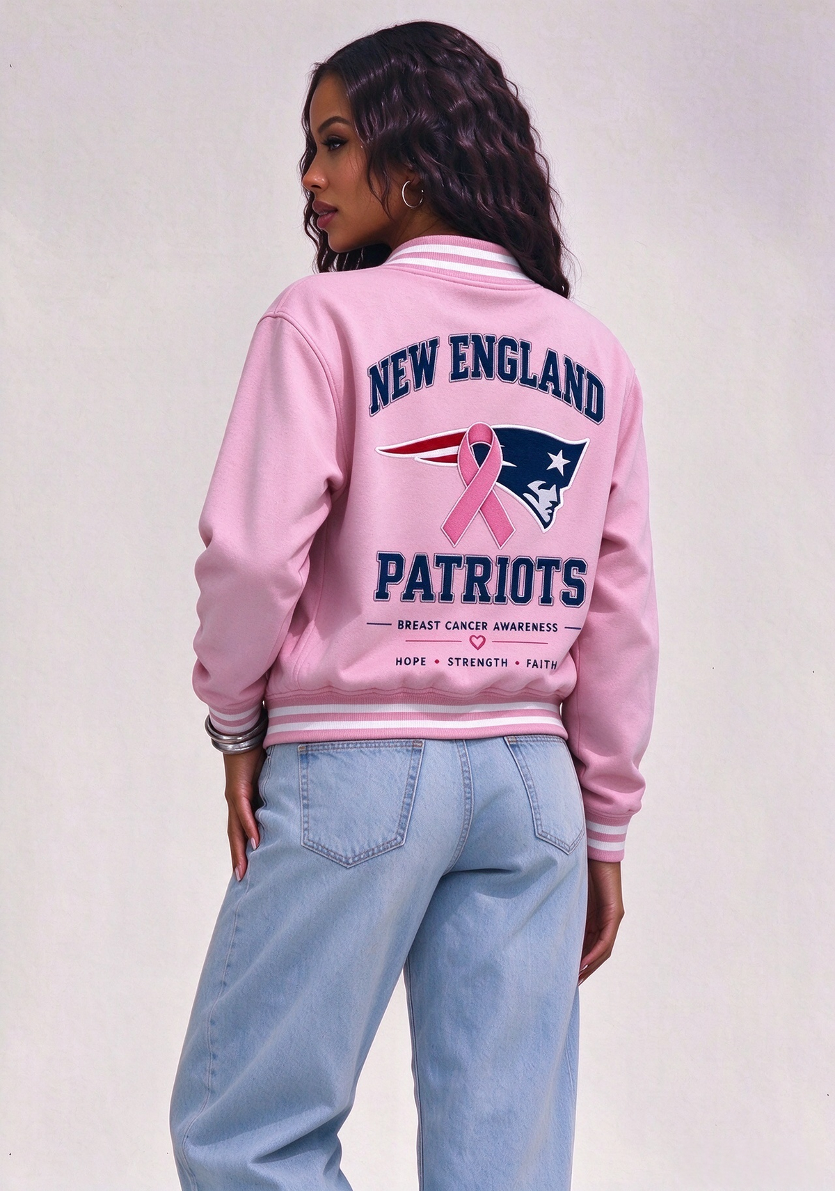 New England Patriots Breast Cancer Awareness Pink Ribbon Varsity Jacket Main image