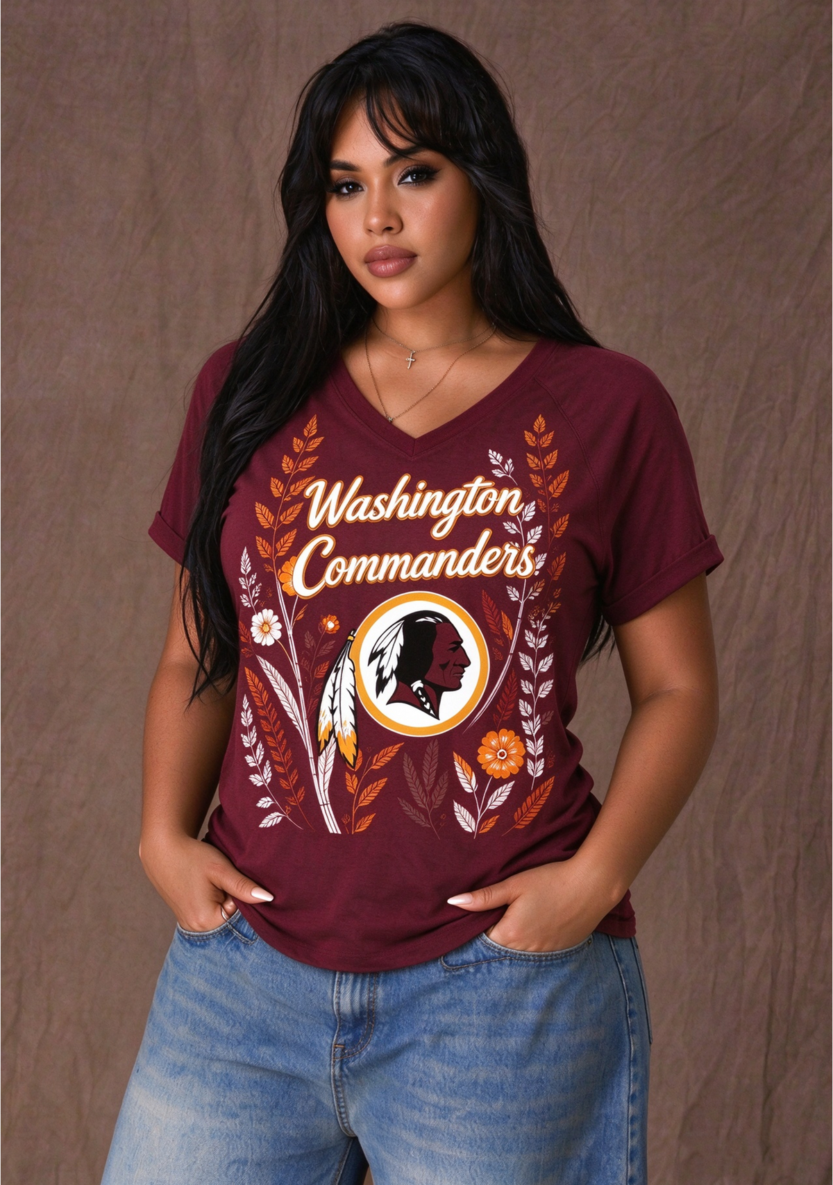 Women's Washington Commanders Wildflower Graphic V-Neck Raglan Rolled T-Shirt Main image