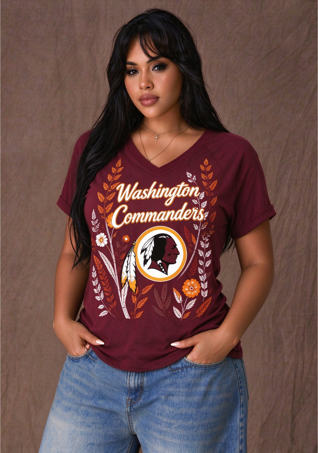 Women's Washington Commanders Wildflower Graphic V-Neck Raglan Rolled T-Shirt
