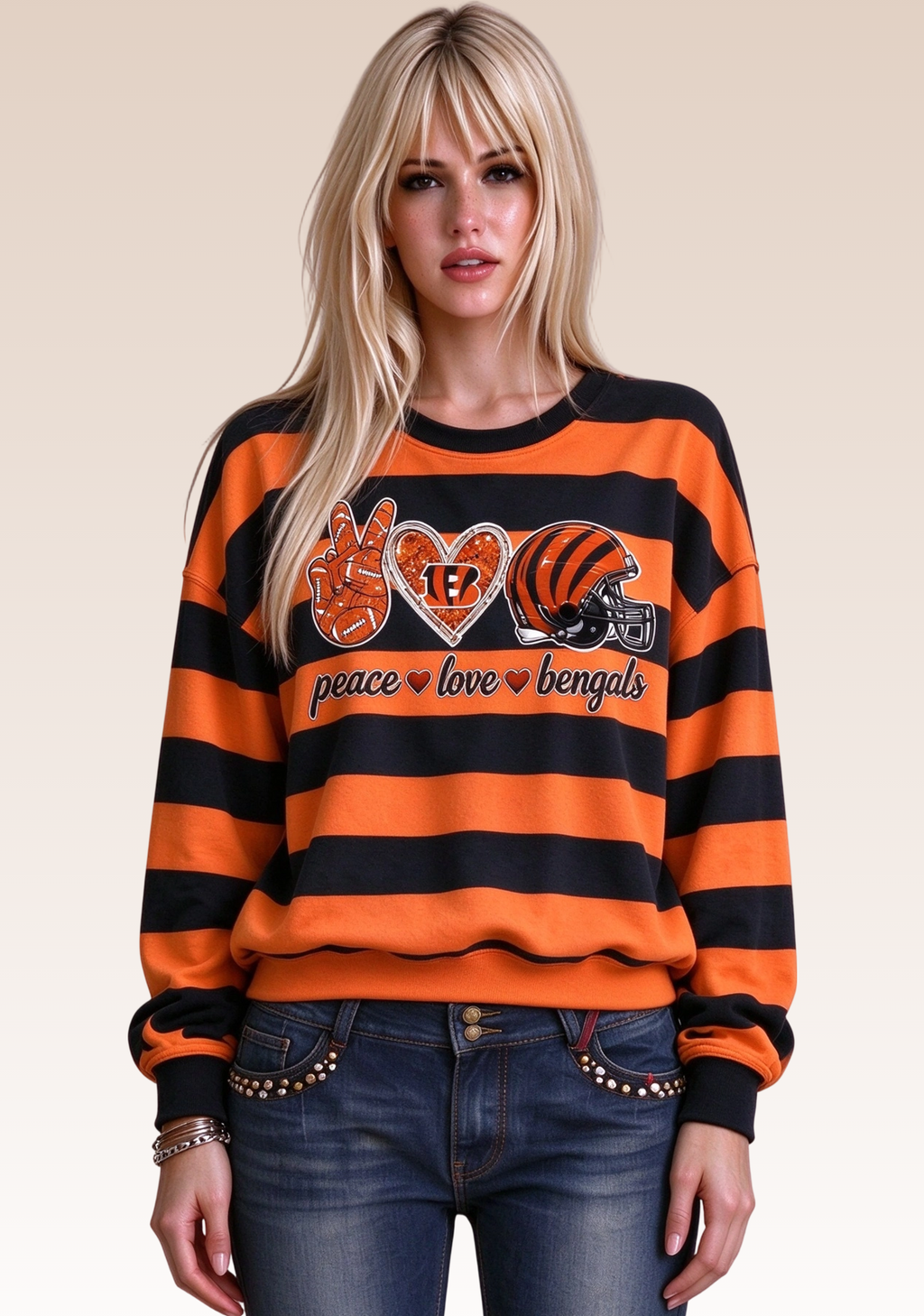Women's Peace Love Cincinnati Bengals Striped Crewneck Sweatshirt