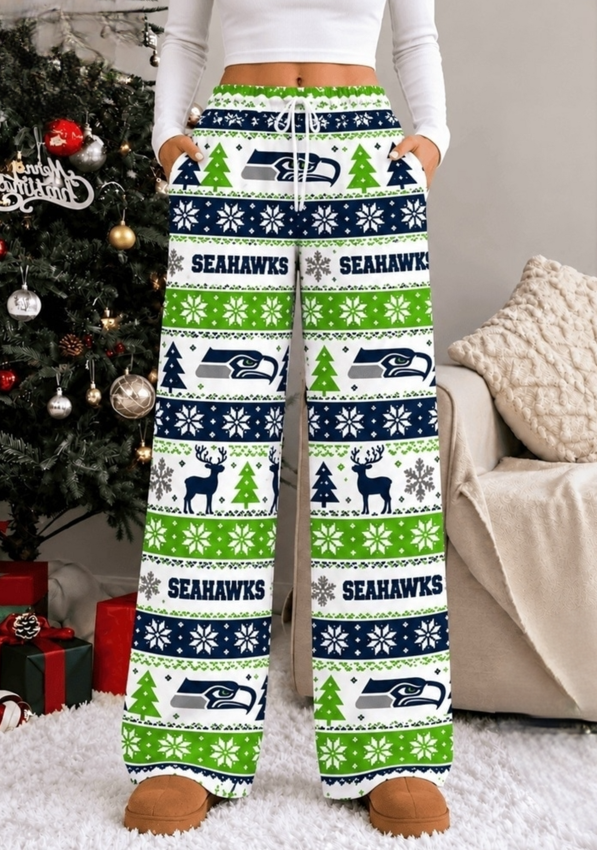 Womens Seattle Seahawks Christmas Wide Leg Pants