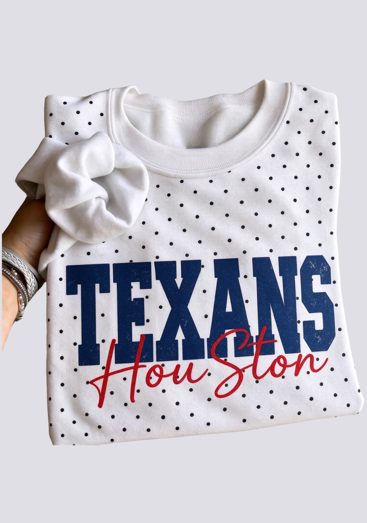 Women's Houston Texans White Polka Dot Crewneck Sweatshirt