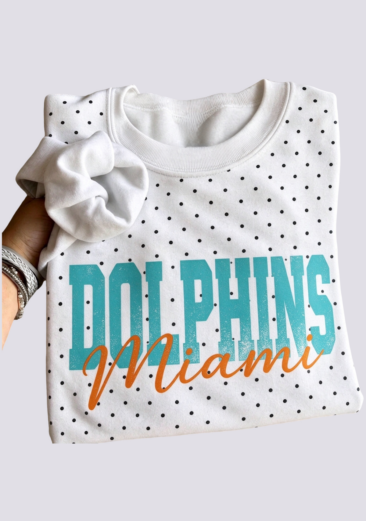 Women's Miami Dolphins White Polka Dot Crewneck Sweatshirt