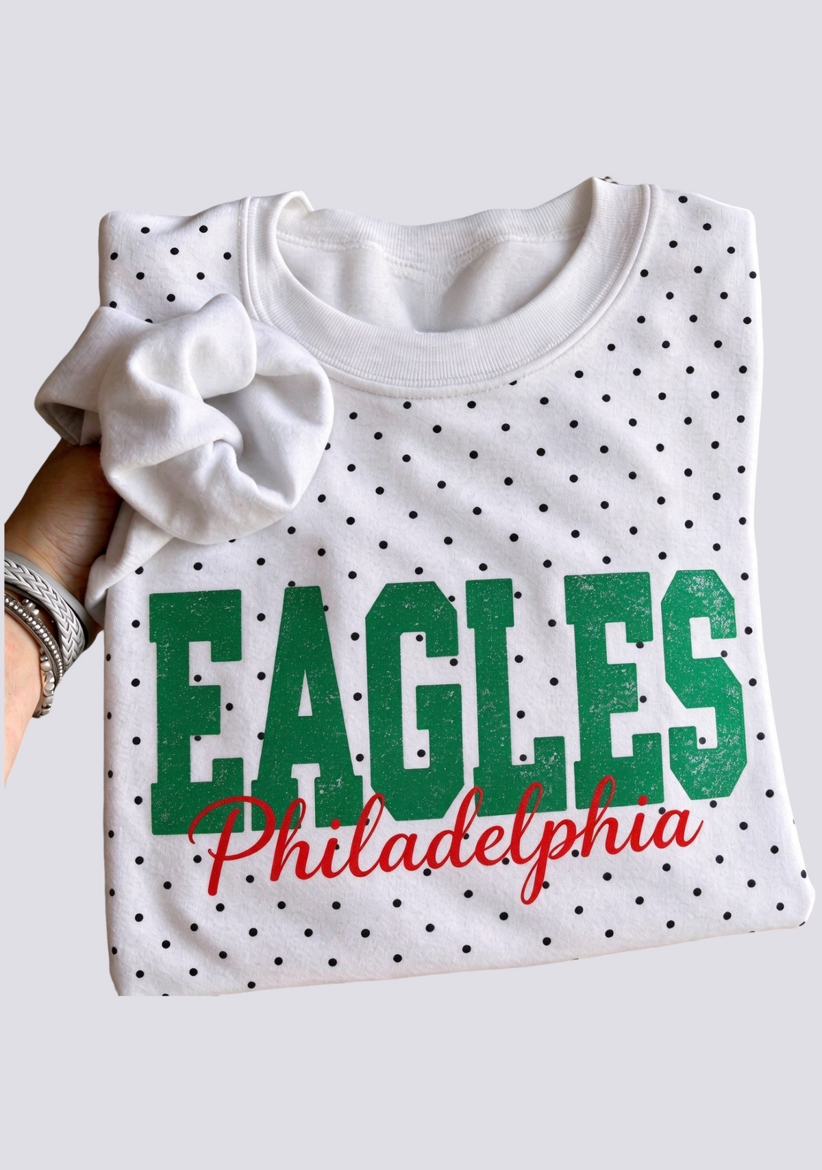 Women's Philadelphia Eagles White Polka Dot Crewneck Sweatshirt