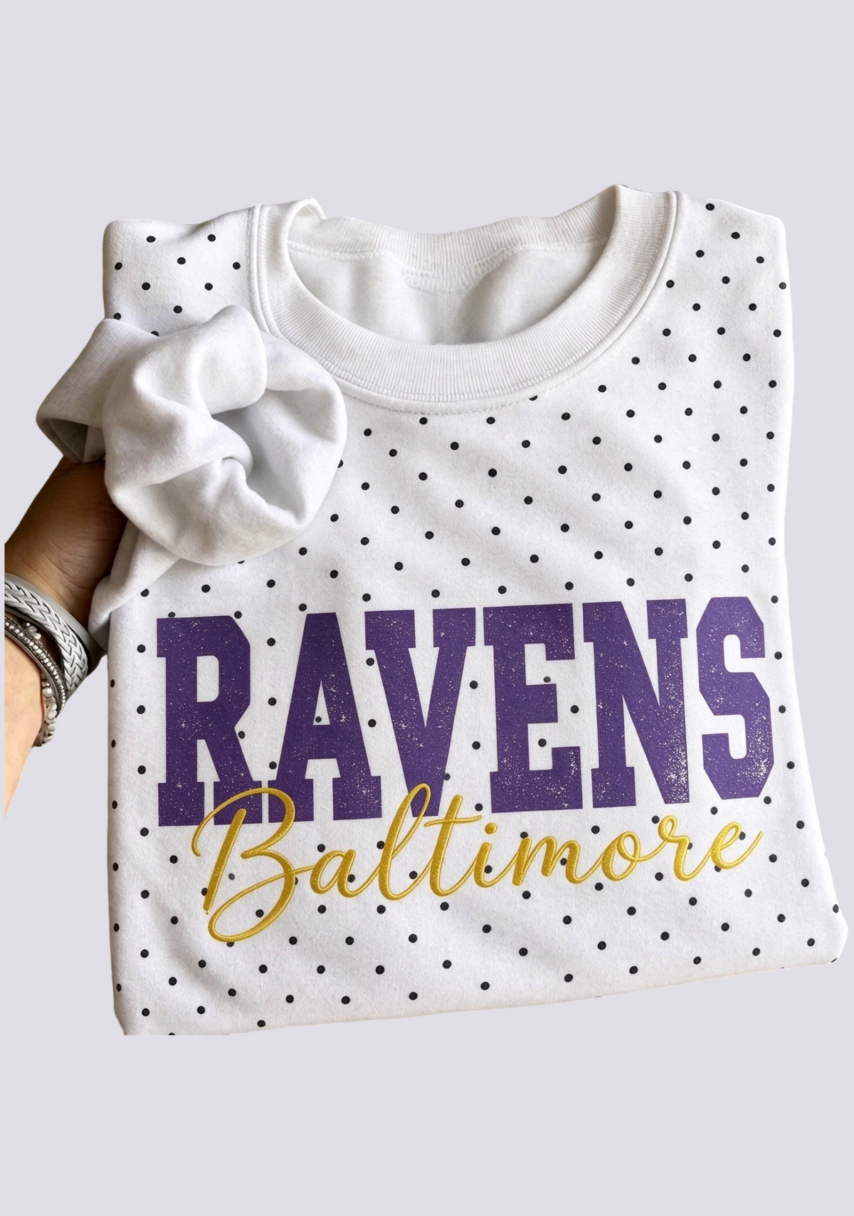 Women's Baltimore Ravens White Polka Dot Crewneck Sweatshirt