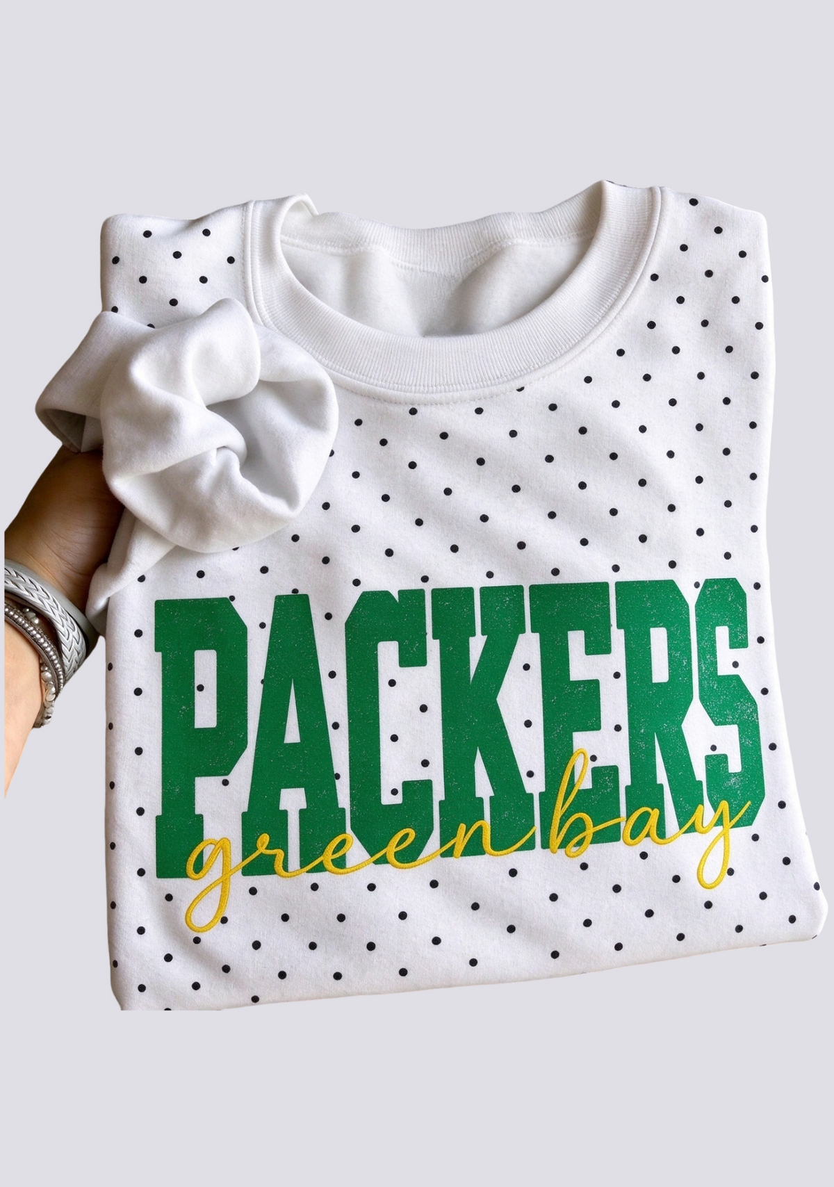 Women's Green Bay Packers White Polka Dot Crewneck Sweatshirt