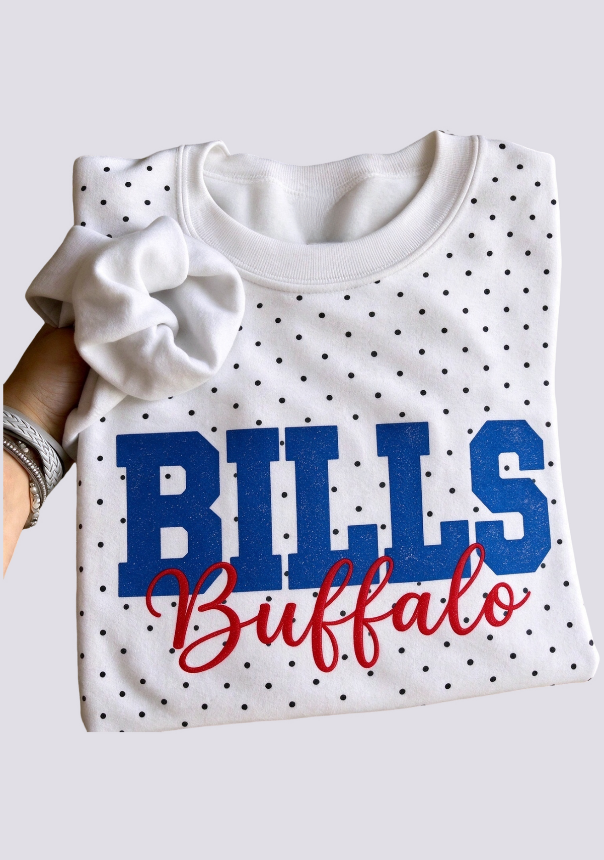 Women's Buffalo Bills White Polka Dot Crewneck Sweatshirt