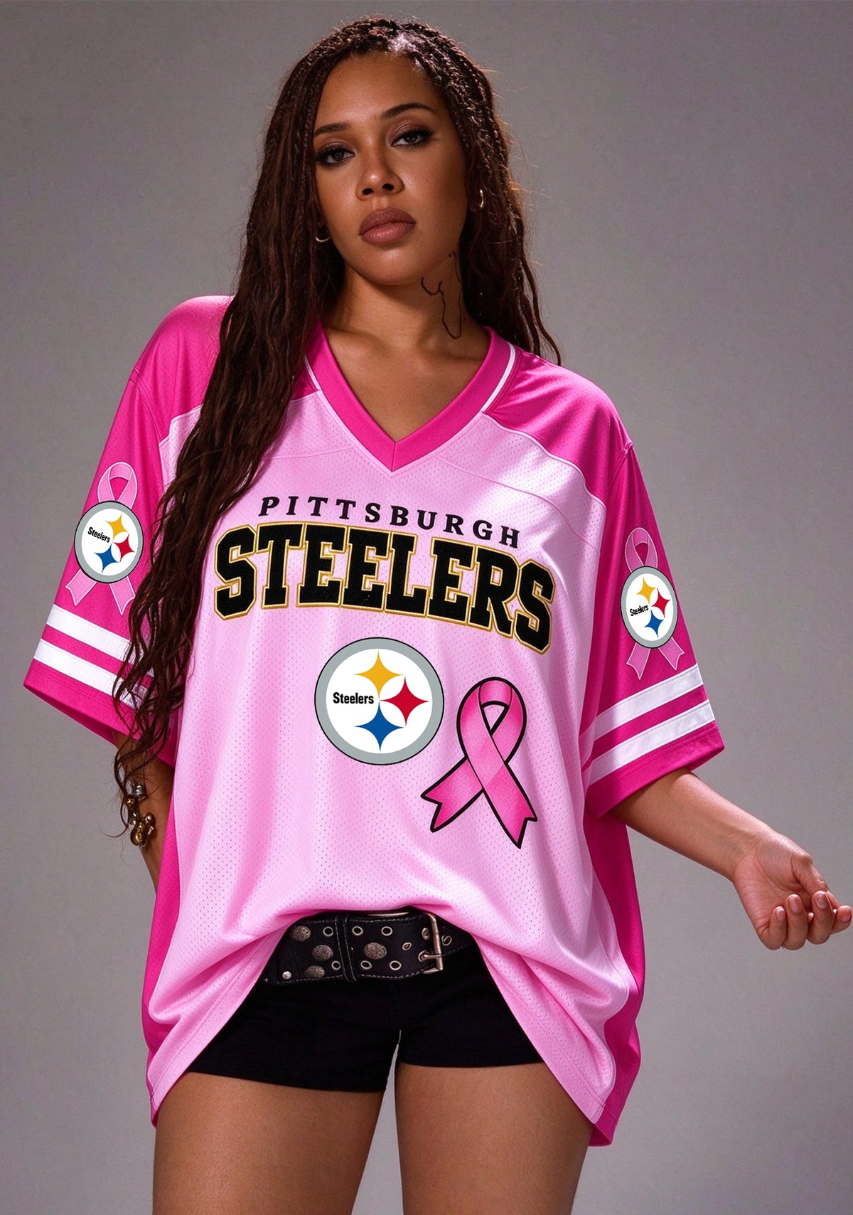 Women Pittsburgh Steelers Breast Cancer Awareness Pink Ribbon Mesh Jersey
